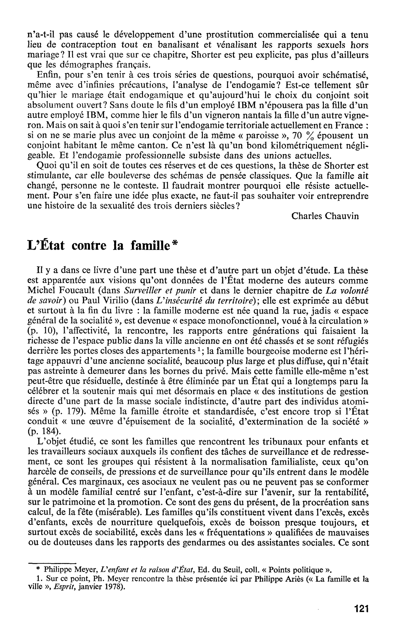 RECHERCHES SUR LA FAMILLE : L’État contre la famille