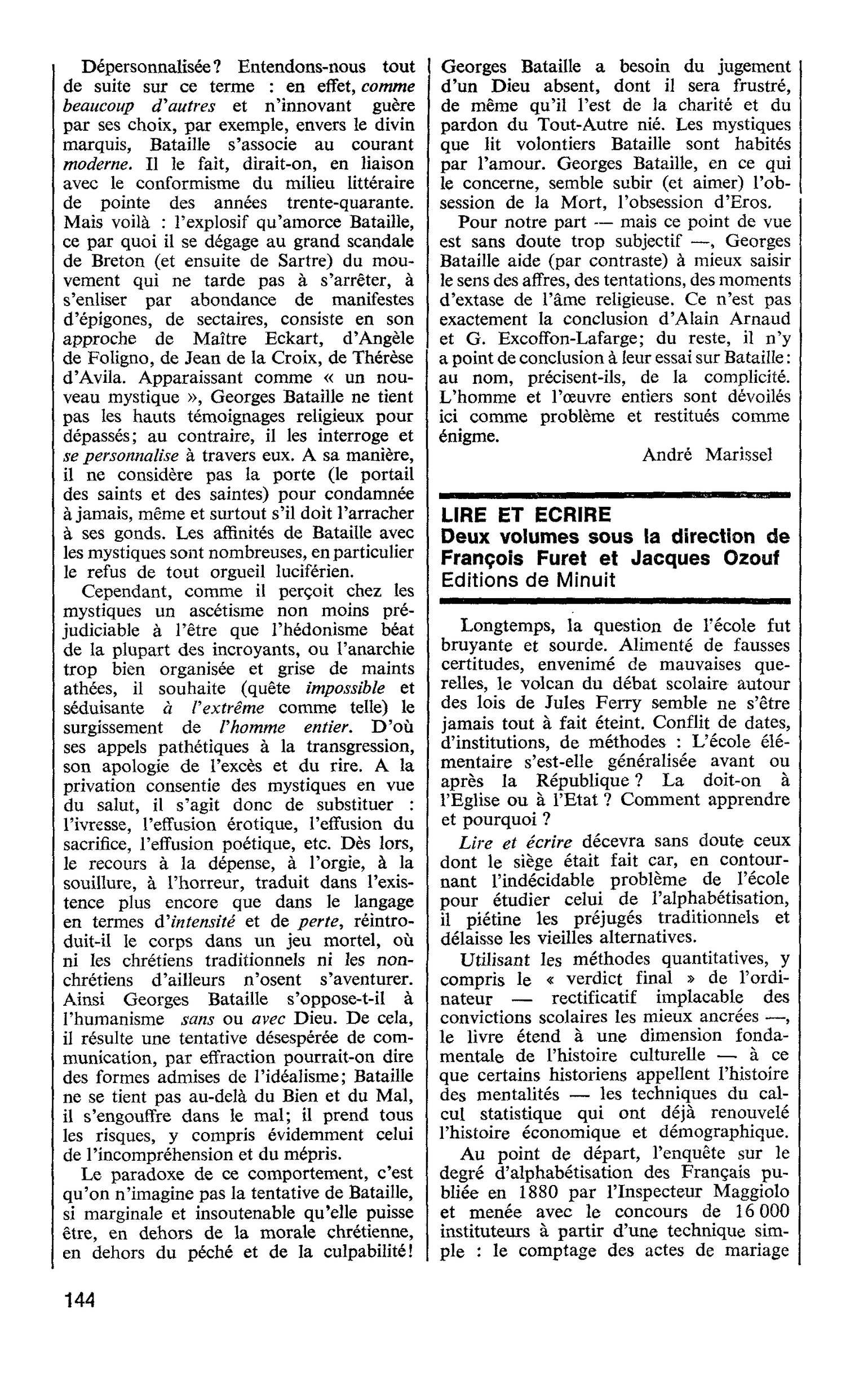 LIRE ET ECRIRE. Deux volumes sous la direction de François Furet et Jacques Ozouf