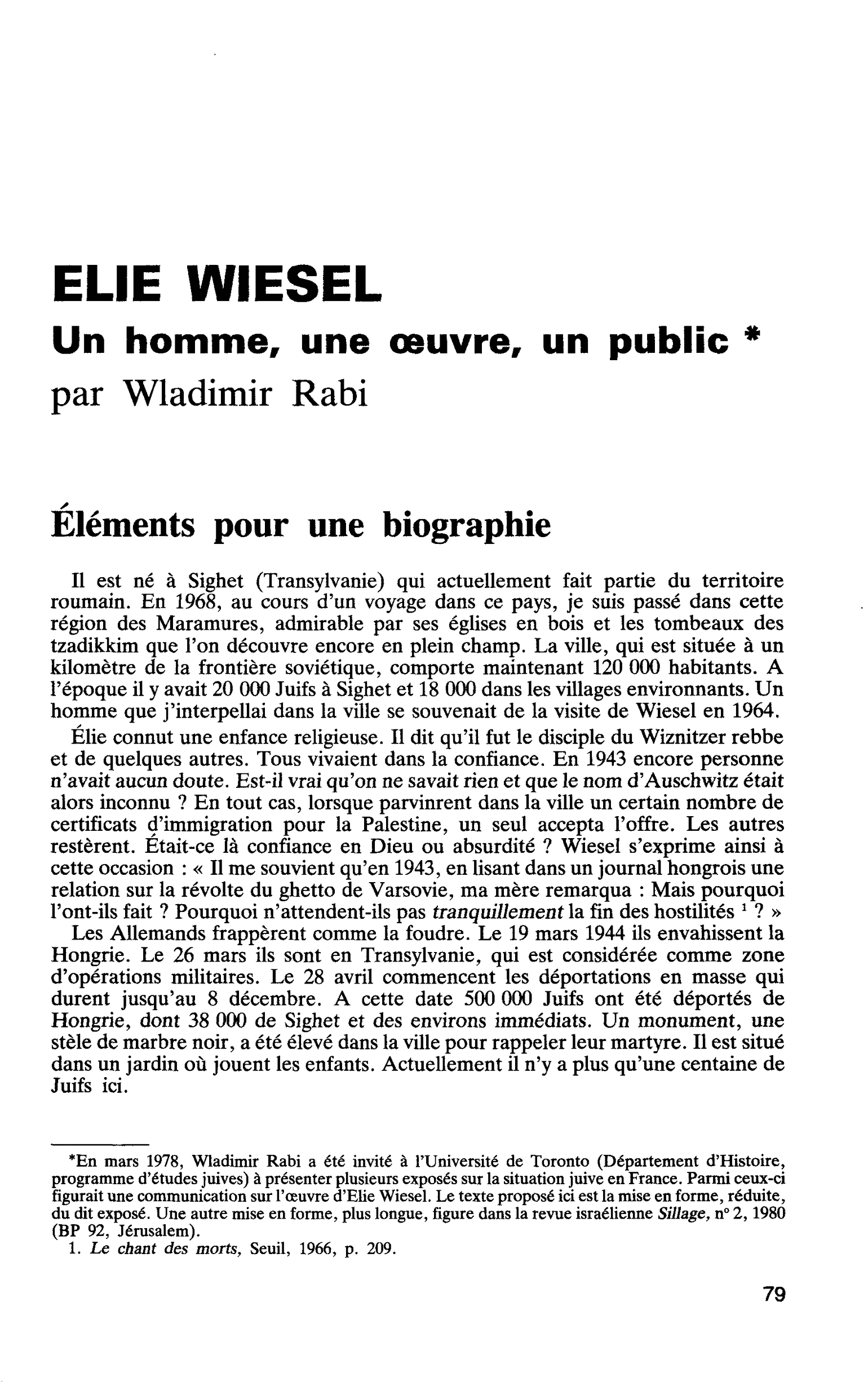 ELIE WIESEL Un homme, une oeuvre, un public