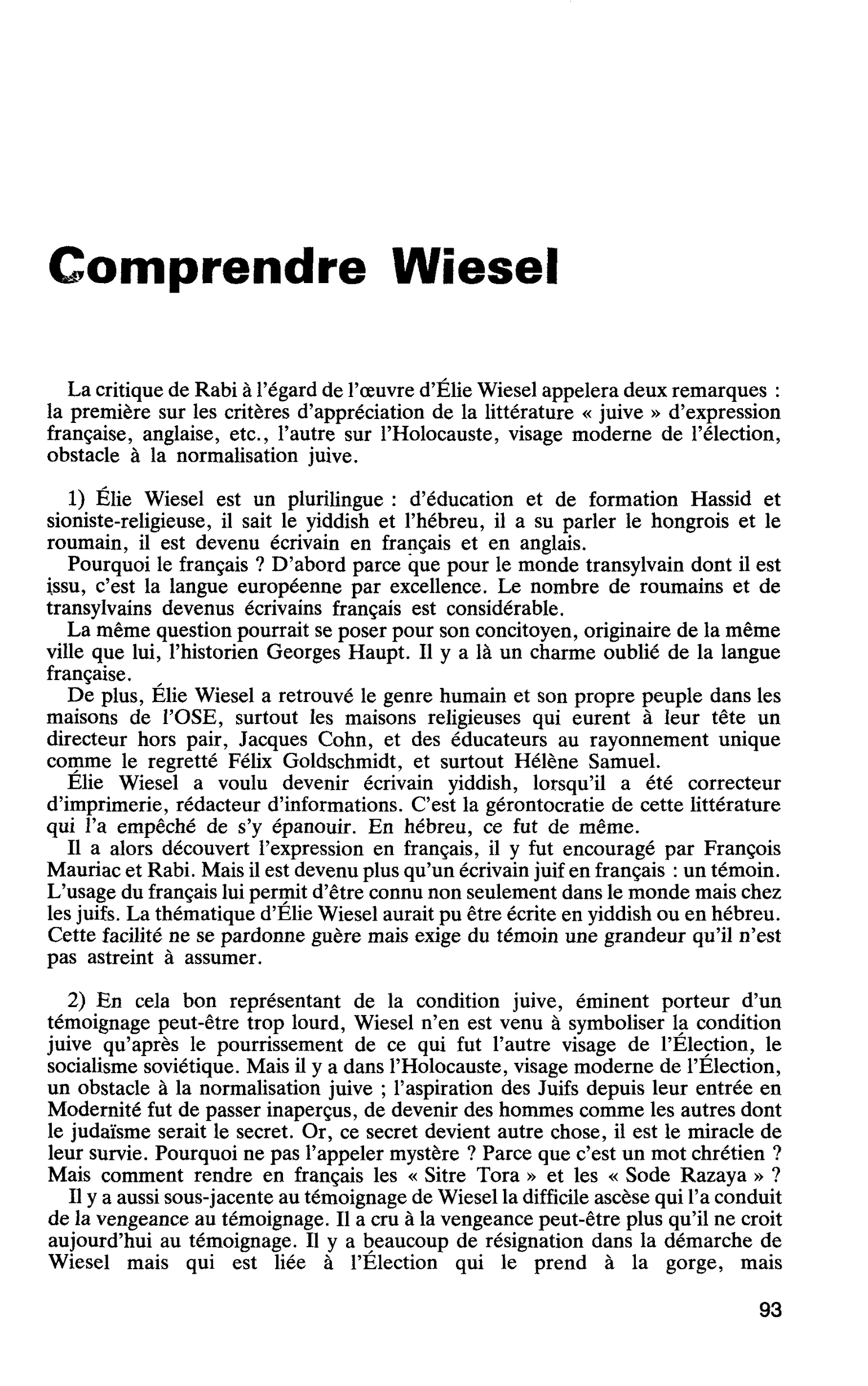 Comprendre Wiesel