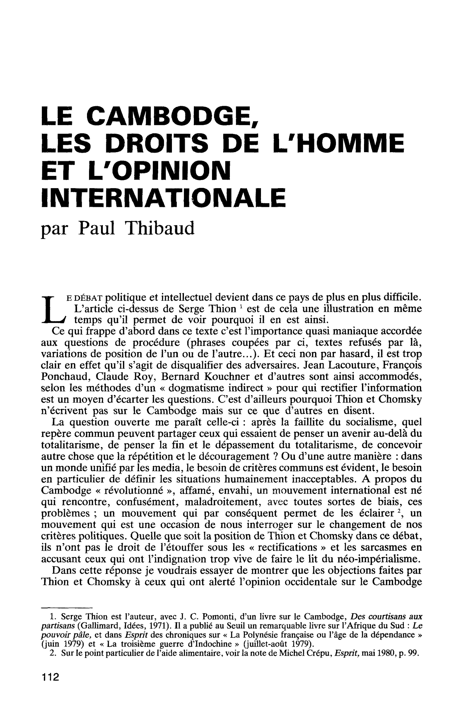 LE CAMBODGE, LES DROITS DE L’HOMME ET L’OPINION INTERNATIONALE