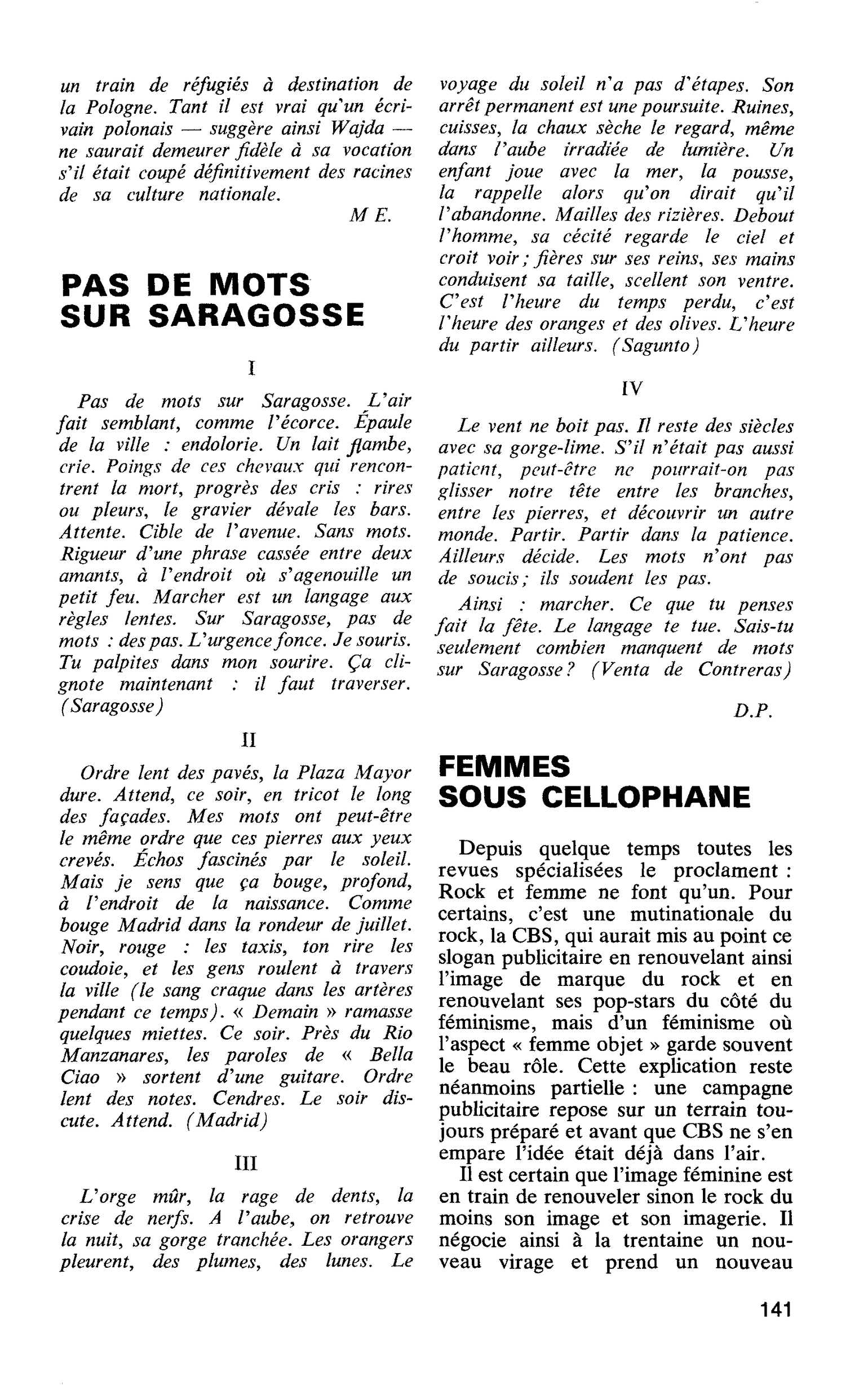 PAS DE MOTS SUR SARAGOSSE
