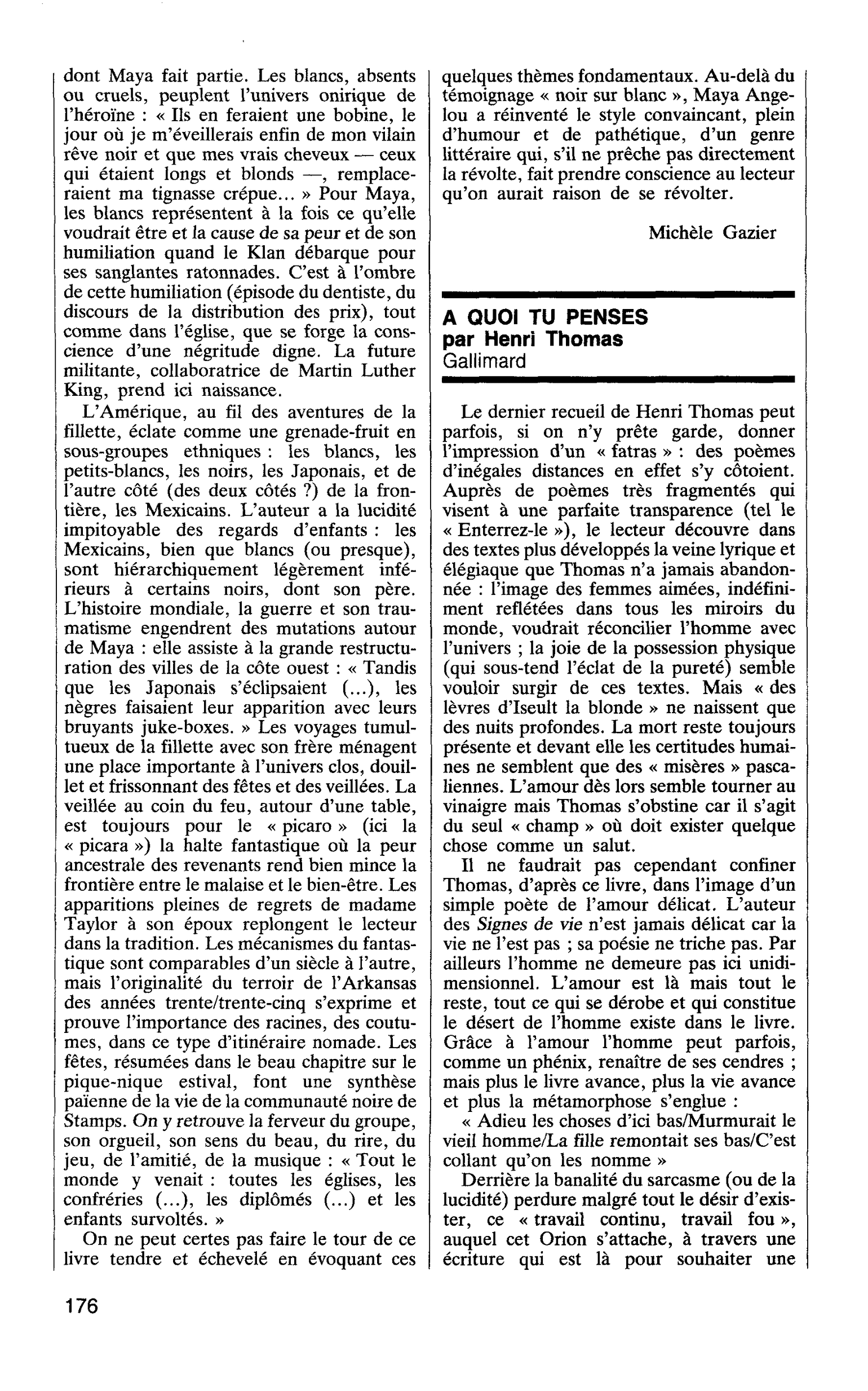 A QUOI TU PENSES par Henri Thomas