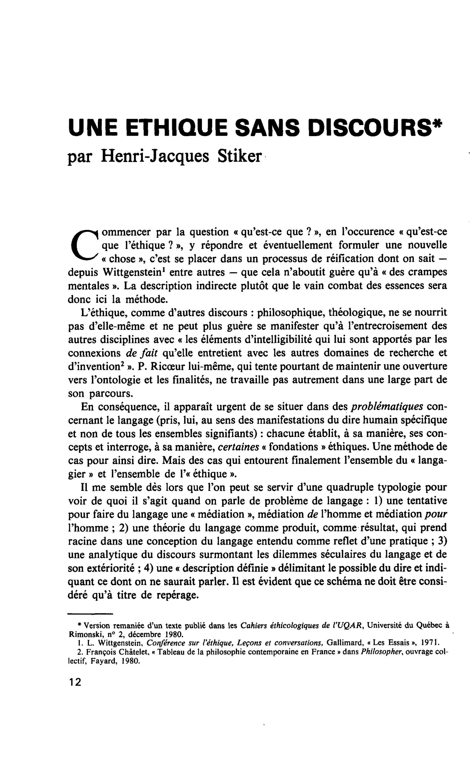 UNE ETHIQUE SANS DISCOURS