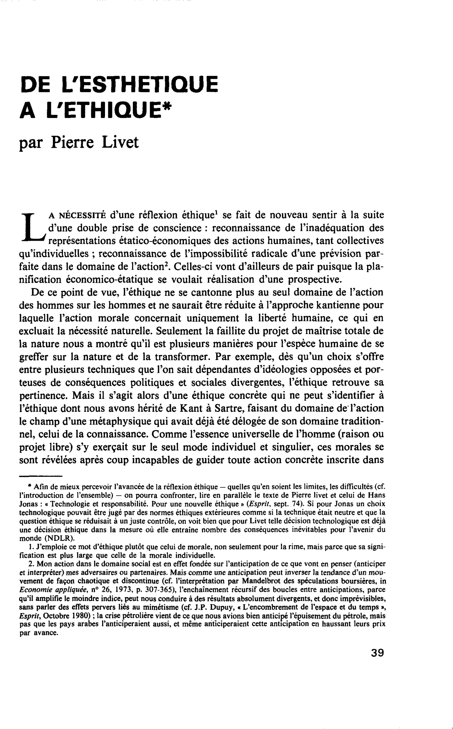 DE L’ESTHETIQUE A L’ETHIQUE