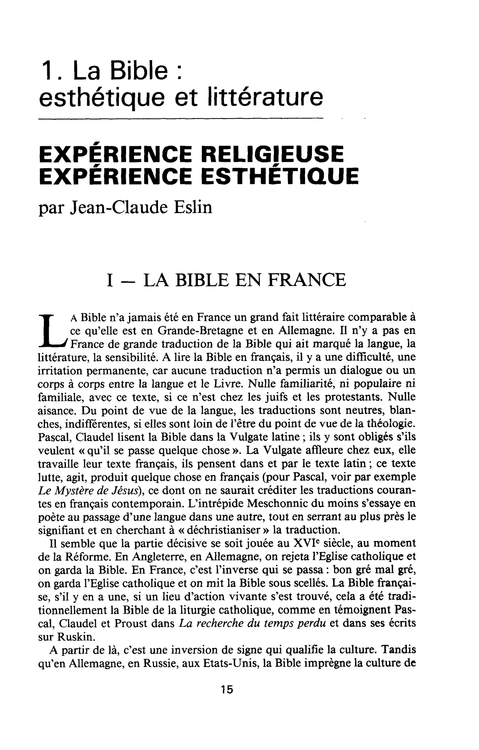EXPÉRIENCE RELIGIEUSE EXPÉRIENCE ESTHÉTIQUE