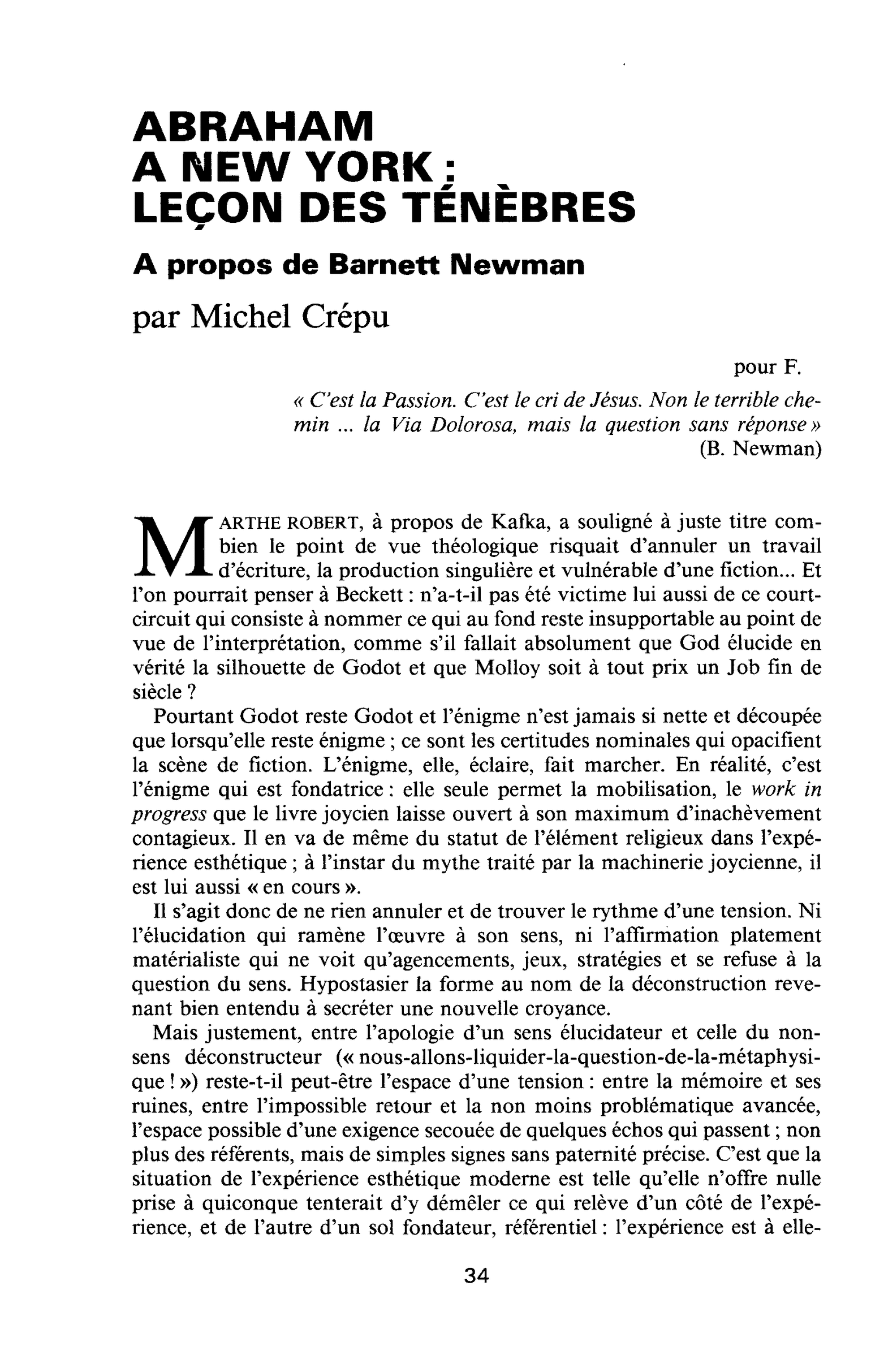 ABRAHAM A NEW YORK : LEÇON DES TÉNÈBRES. A propos de Barnett Newman