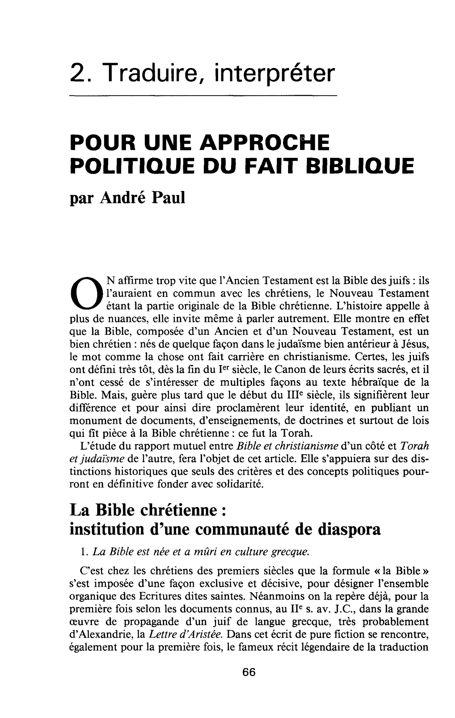 POUR UNE APPROCHE POLITIQUE DU FAIT BIBLIQUE