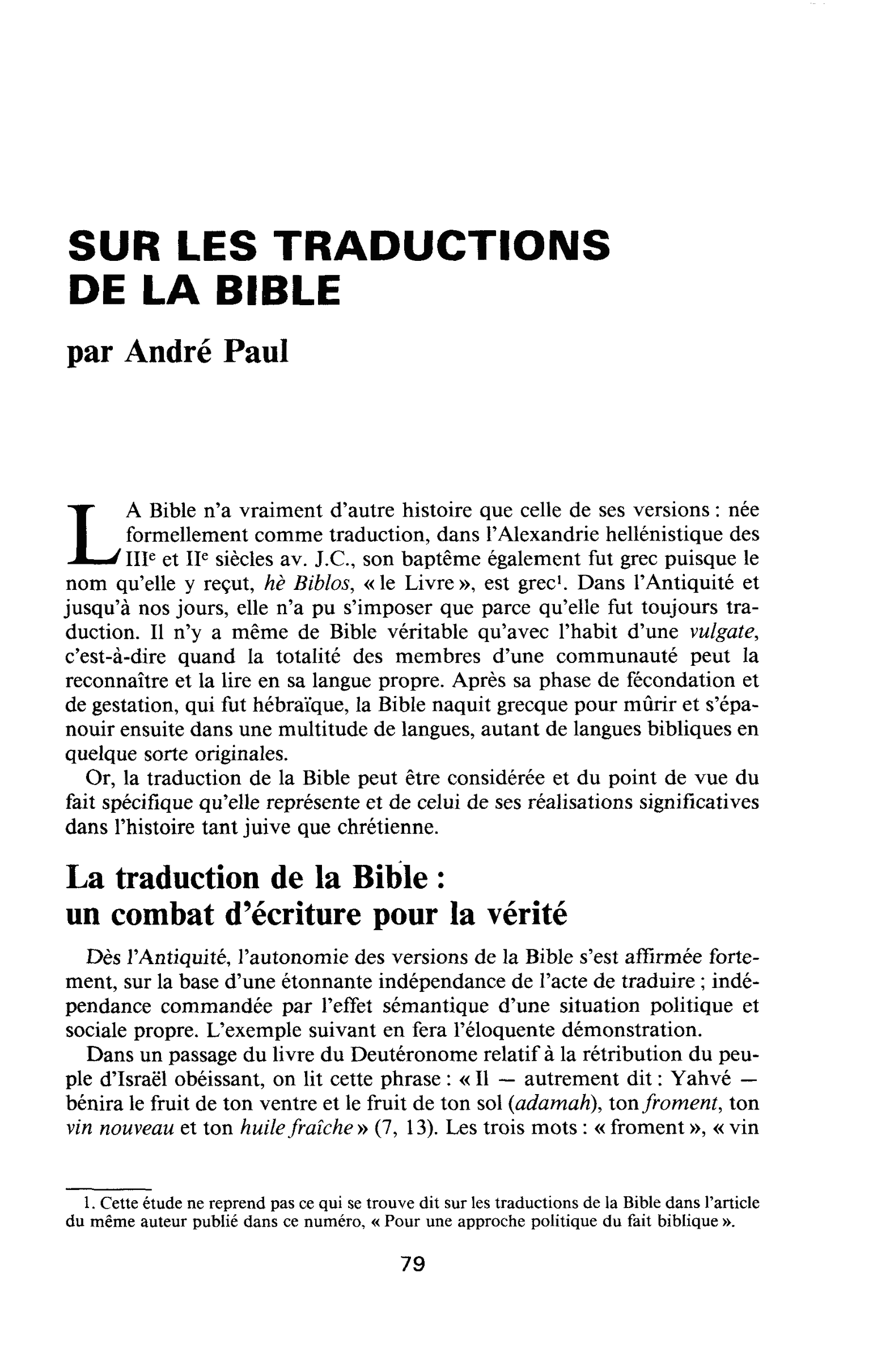 SUR LES TRADUCTIONS DE LA BIBLE
