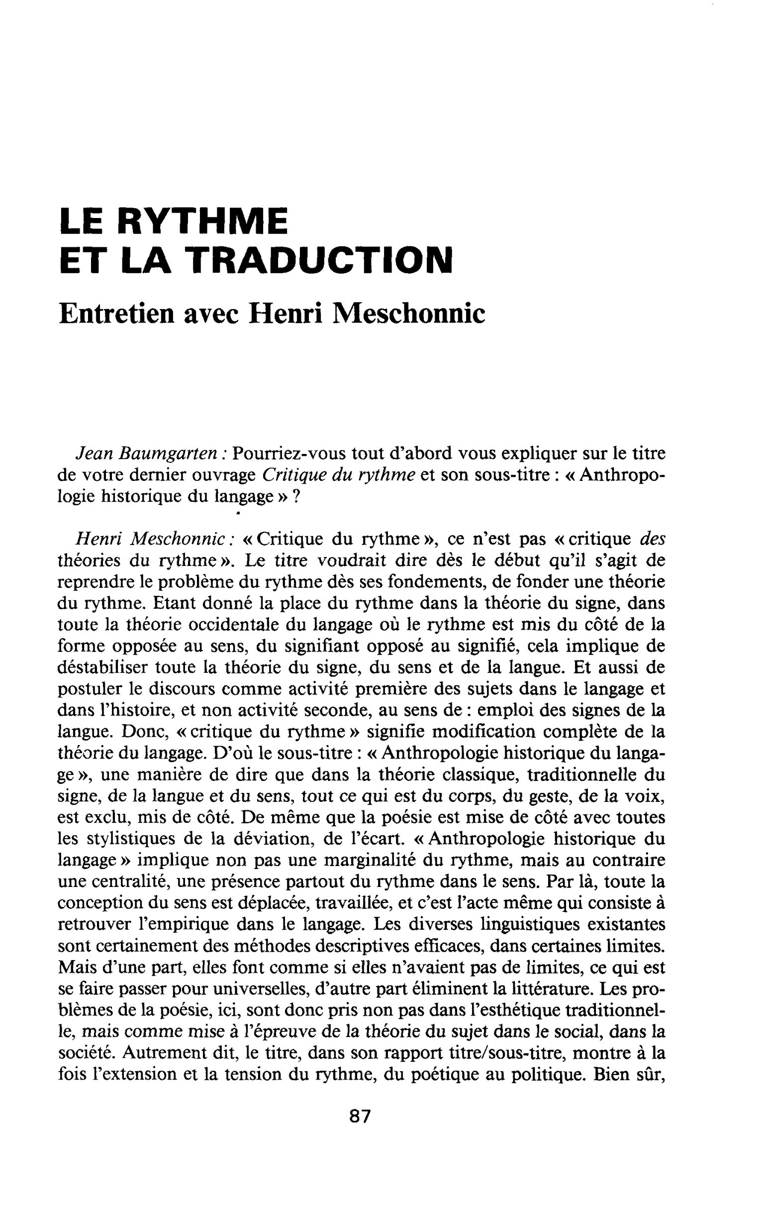 LE RYTHME ET LA TRADUCTION. Entretien avec Henri Meschonnic