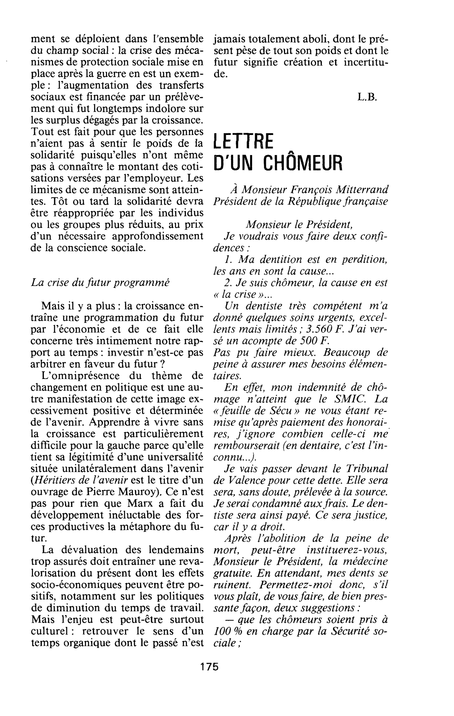 LETTRE D’UN CHÔMEUR
