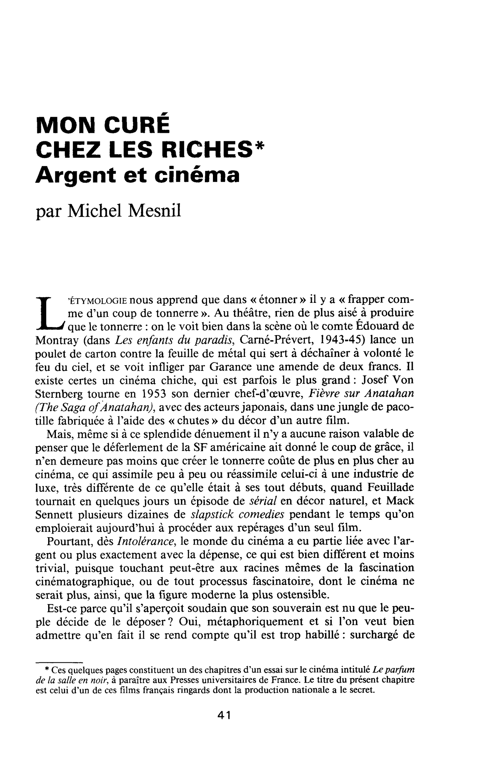 MON CURÉ CHEZ LES RICHES. Argent et cinéma
