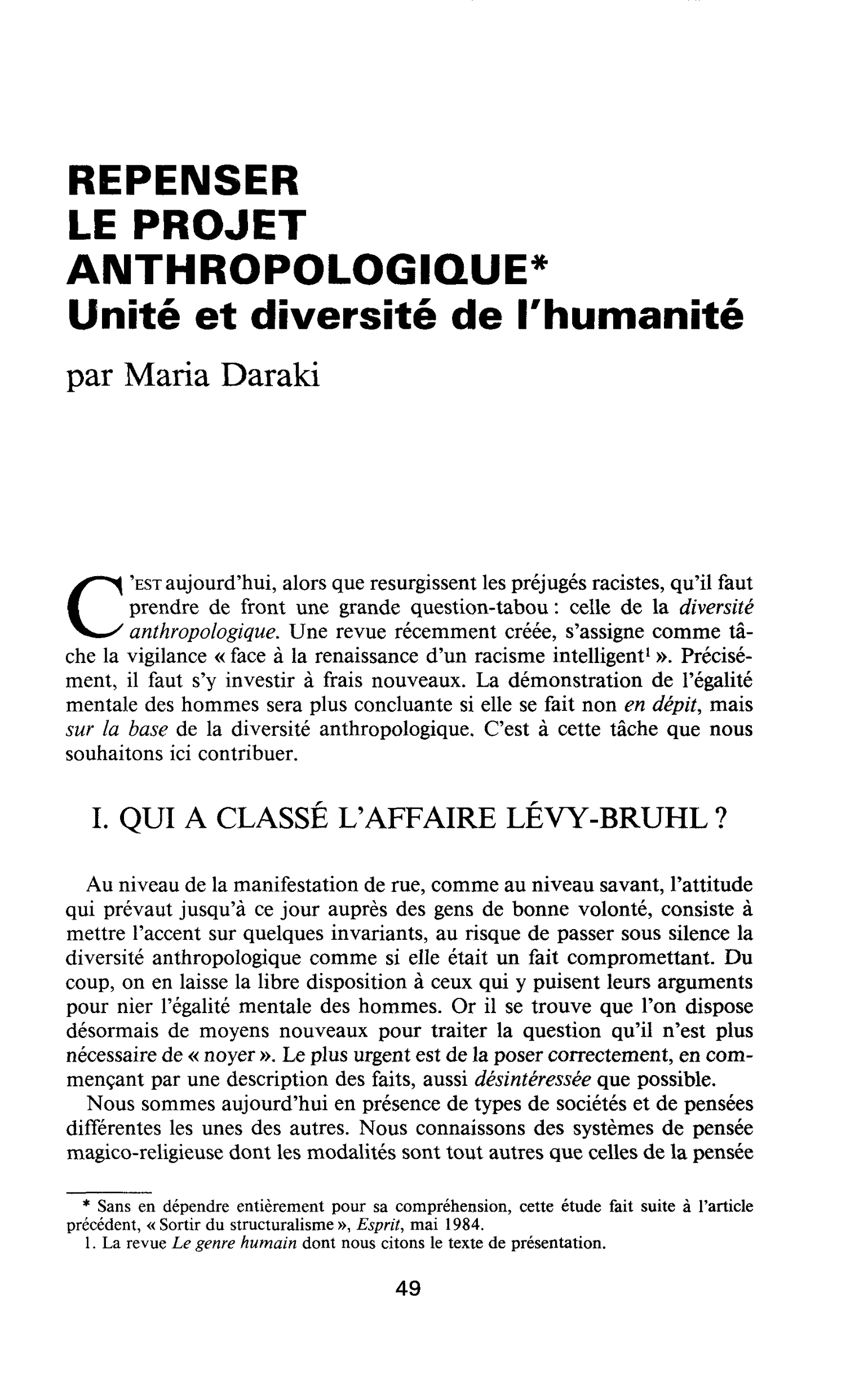 REPENSER LE PROJET ANTHROPOLOGIQUE. Unité et diversité de l’humanité