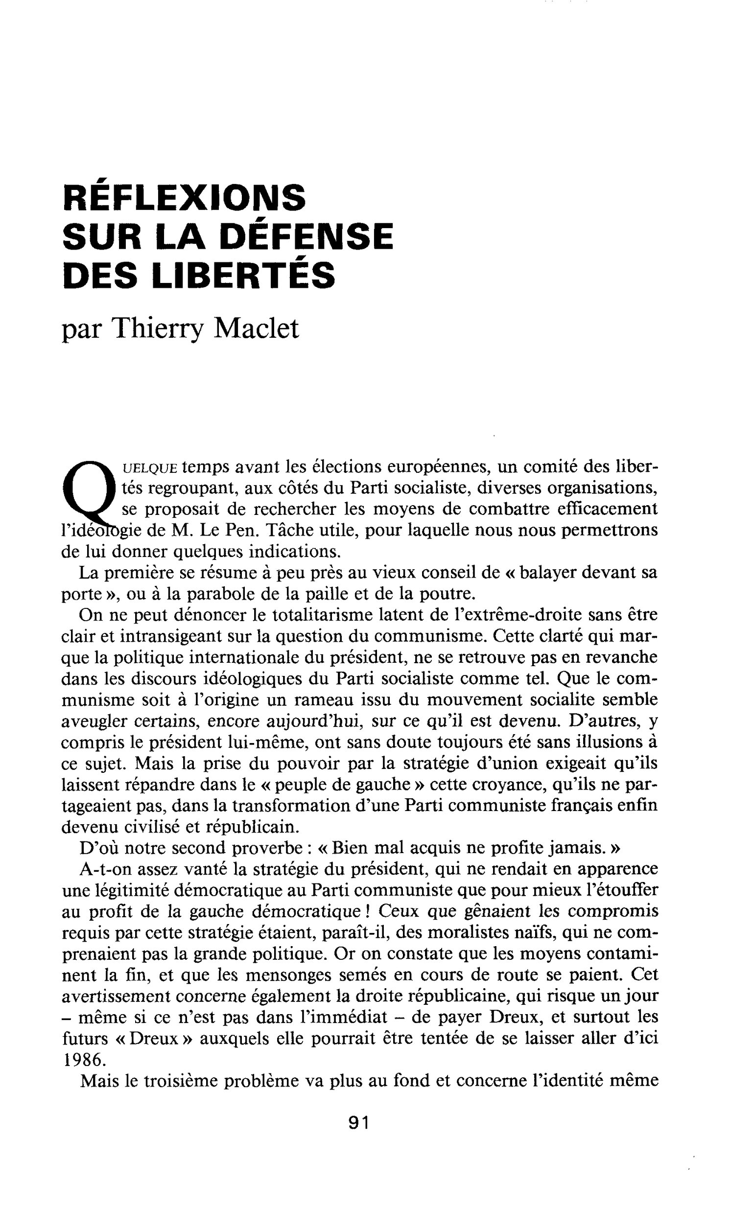 RÉFLEXIONS SUR LA DÉFENSE DES LIBERTÉS