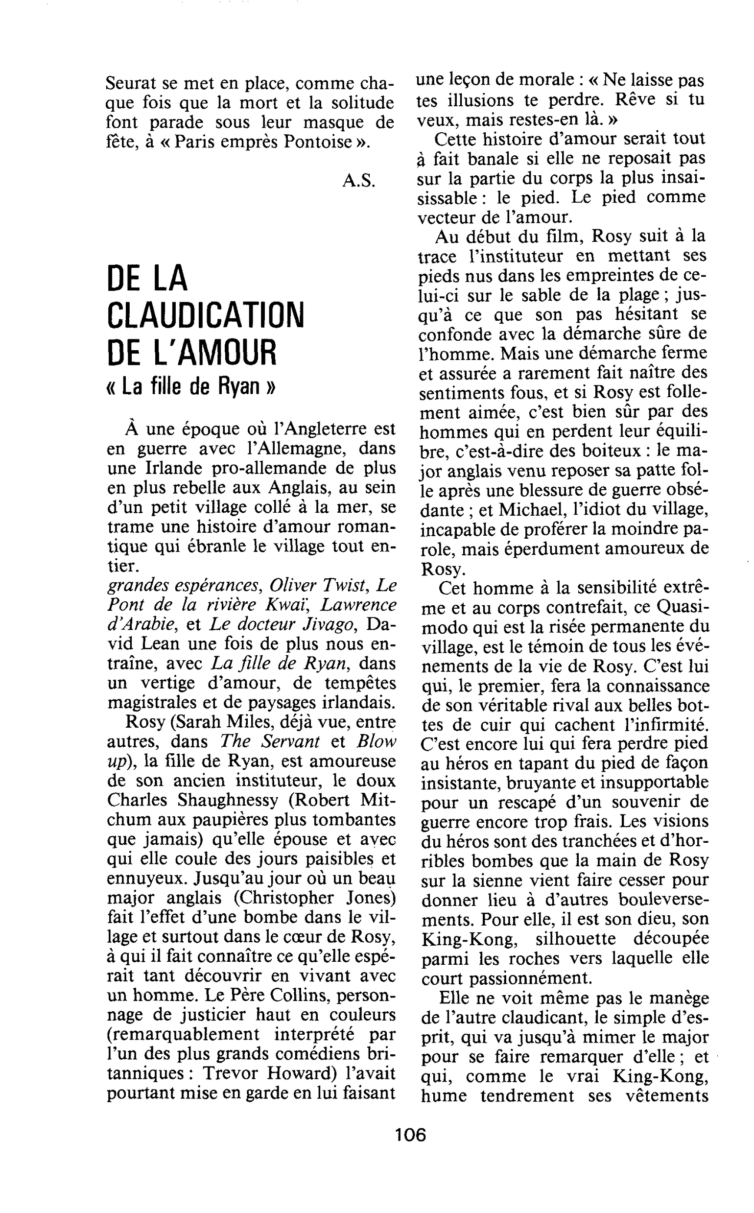 DE LA CLAUDICATION DE L’AMOUR « La fille de Ryan »