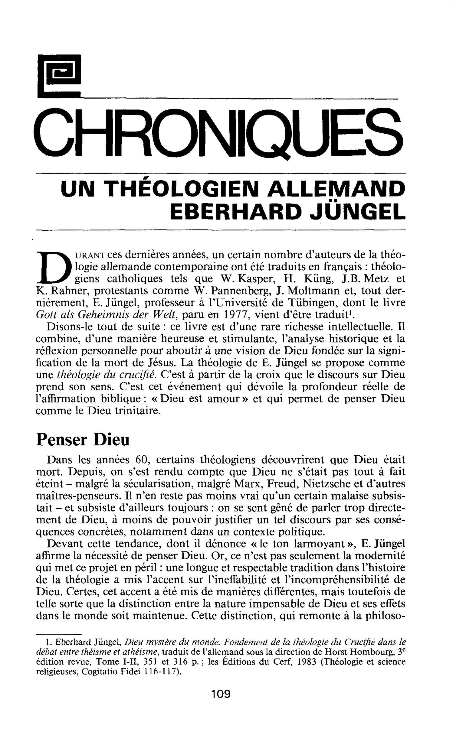 UN THÉOLOGIEN ALLEMAND EBERHARD JÜNGEL