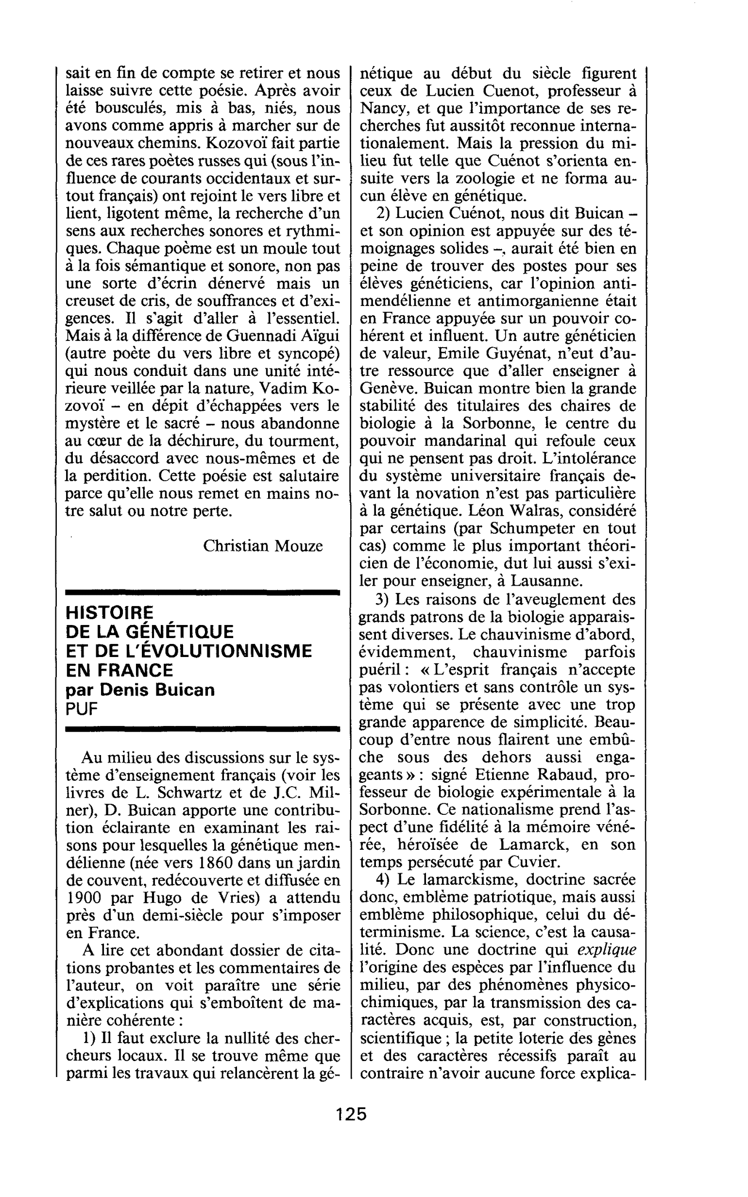 HISTOIRE DE LA GÉNÉTIQUE ET DE L’ÉVOLUTIONIMISME EN FRANCE par Denis Buican