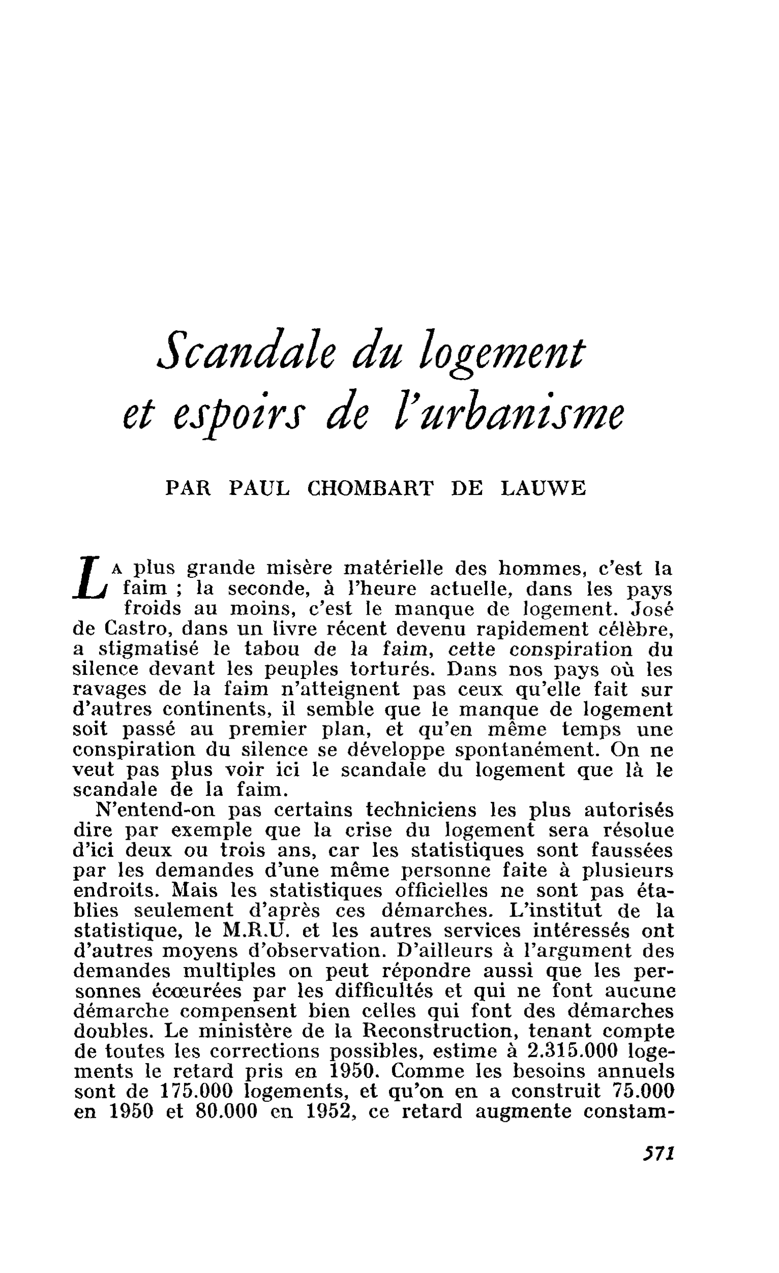 Scandale du logement et espoirs de l’urbanisme
