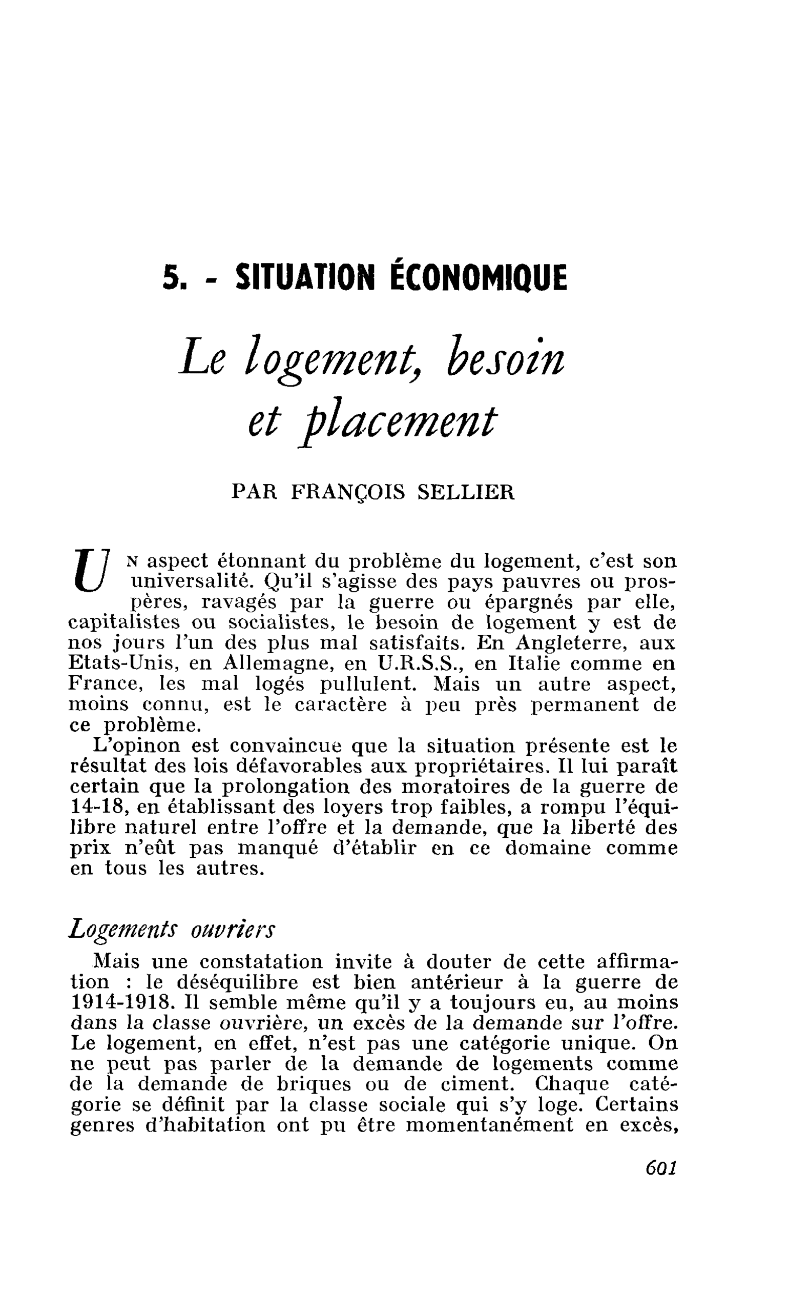 Le logement, besoin et placement