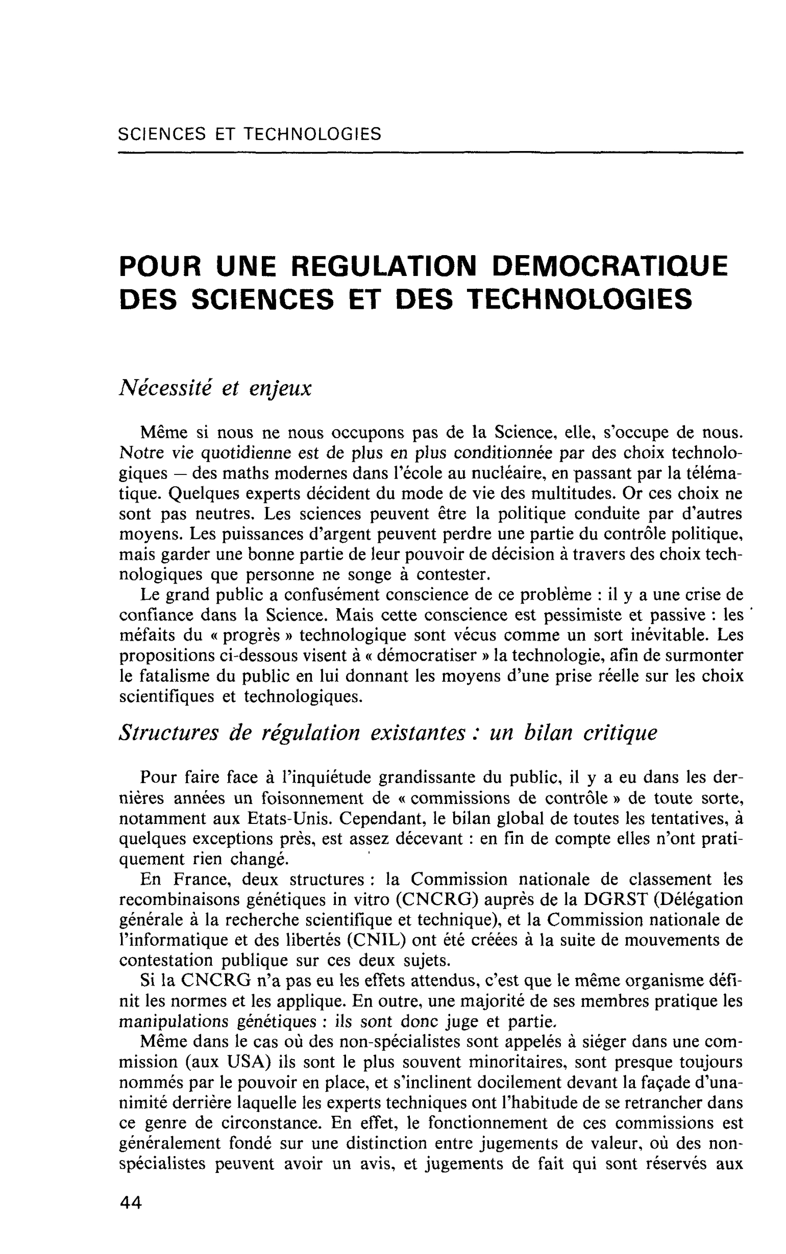 POUR UNE REGULATION DEMOCRATIQUE DES SCIENCES ET DES TECHNOLOGIES