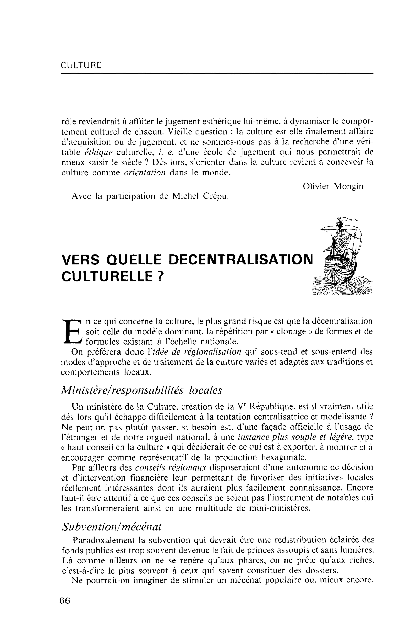 VERS QUELLE DECENTRALISATION CULTURELLE ?