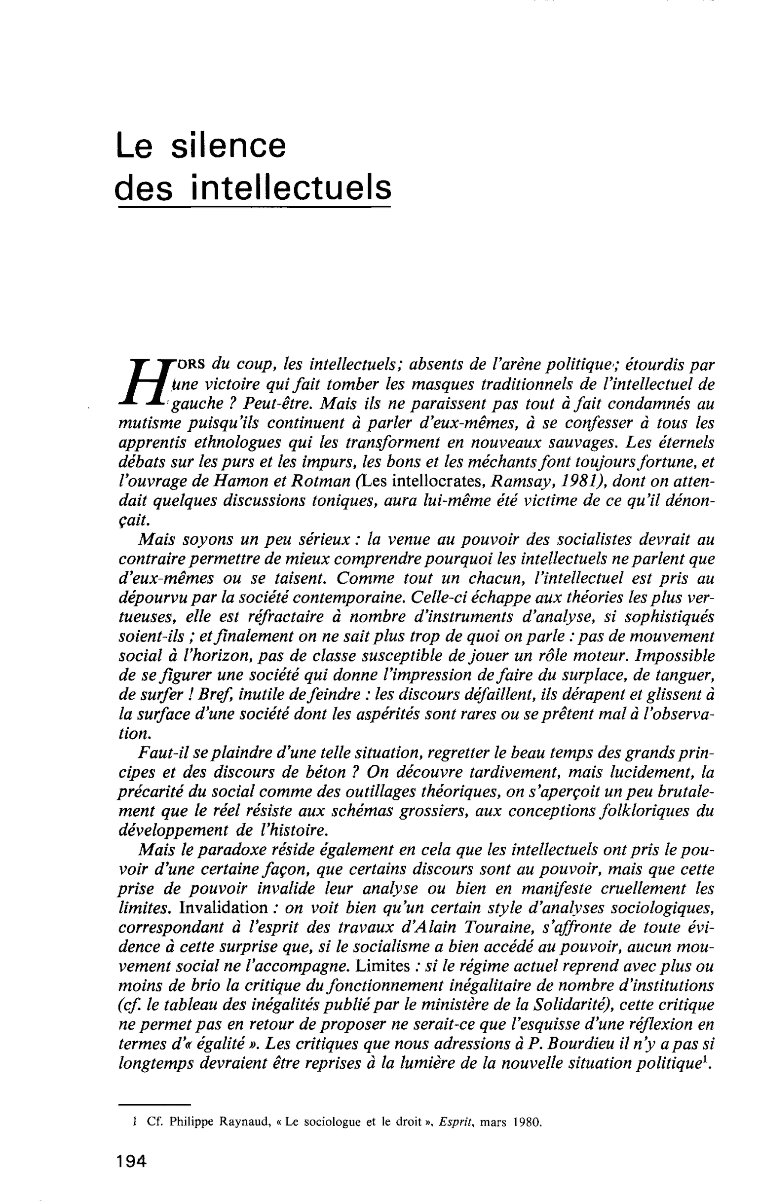 Le silence des intellectuels