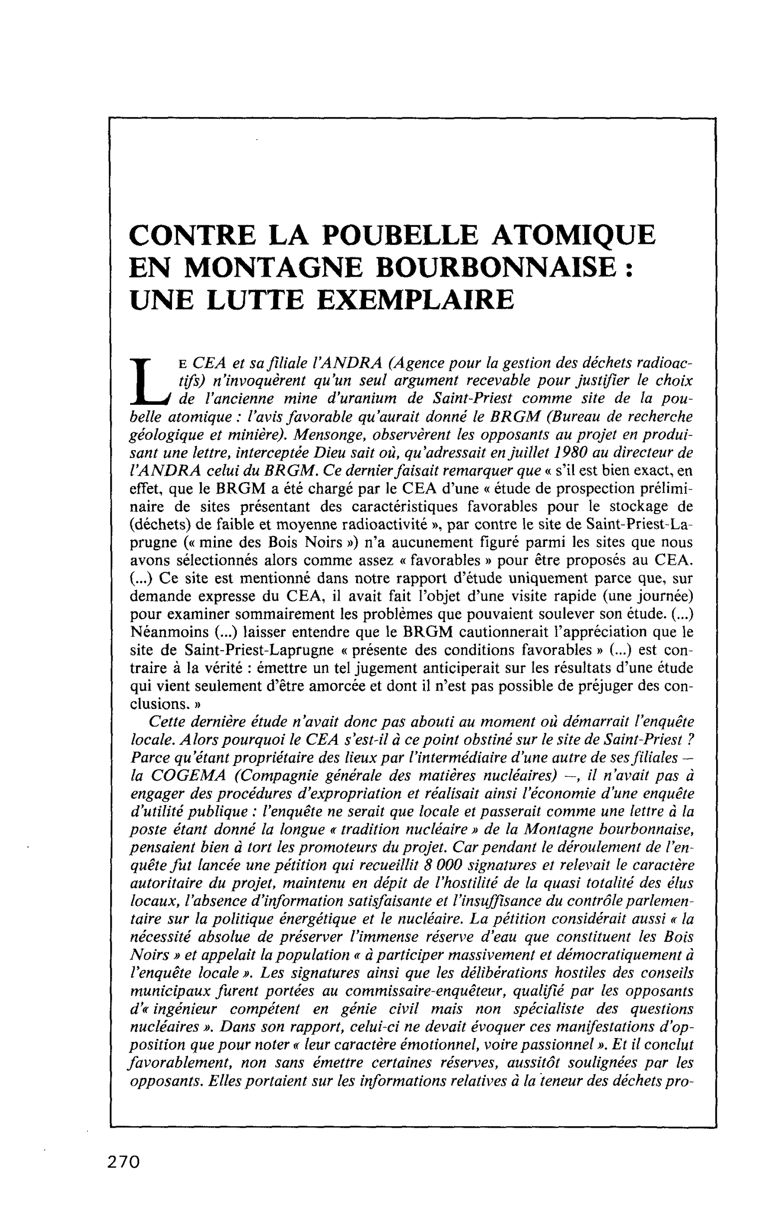 CONTRE LA POUBELLE ATOMIQUE EN MONTAGNE BOURBONNAISE : UNE LUTTE EXEMPLAIRE