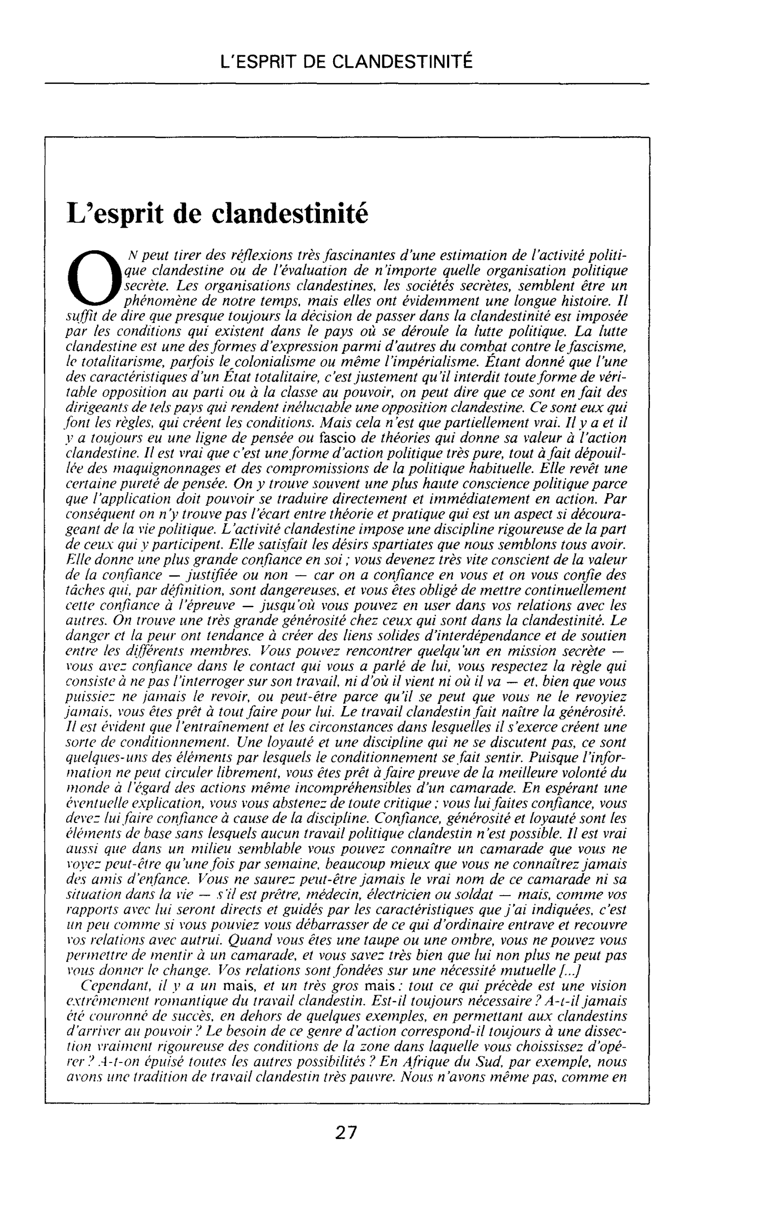L’esprit de clandestinité