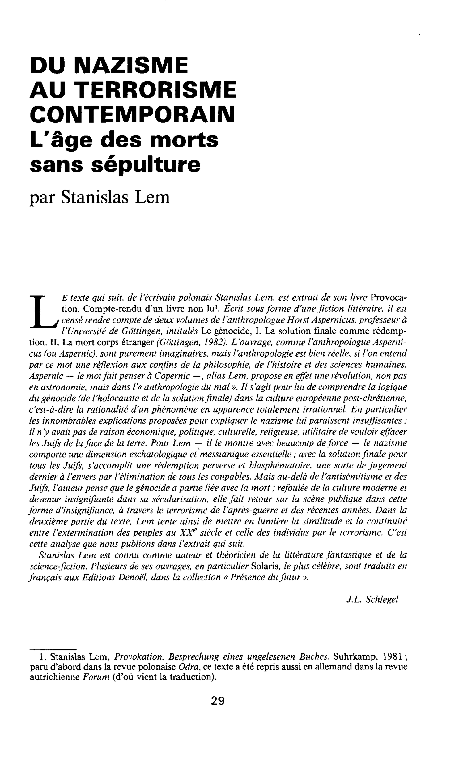 DU NAZISME AU TERRORISME CONTEMPORAIN. L’âge des morts sans sépulture