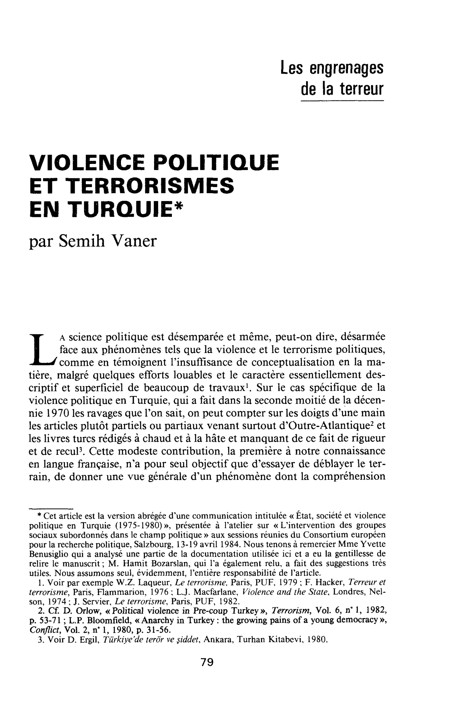 VIOLENCE POLITIQUE ET TERRORISMES EN TURQUIE