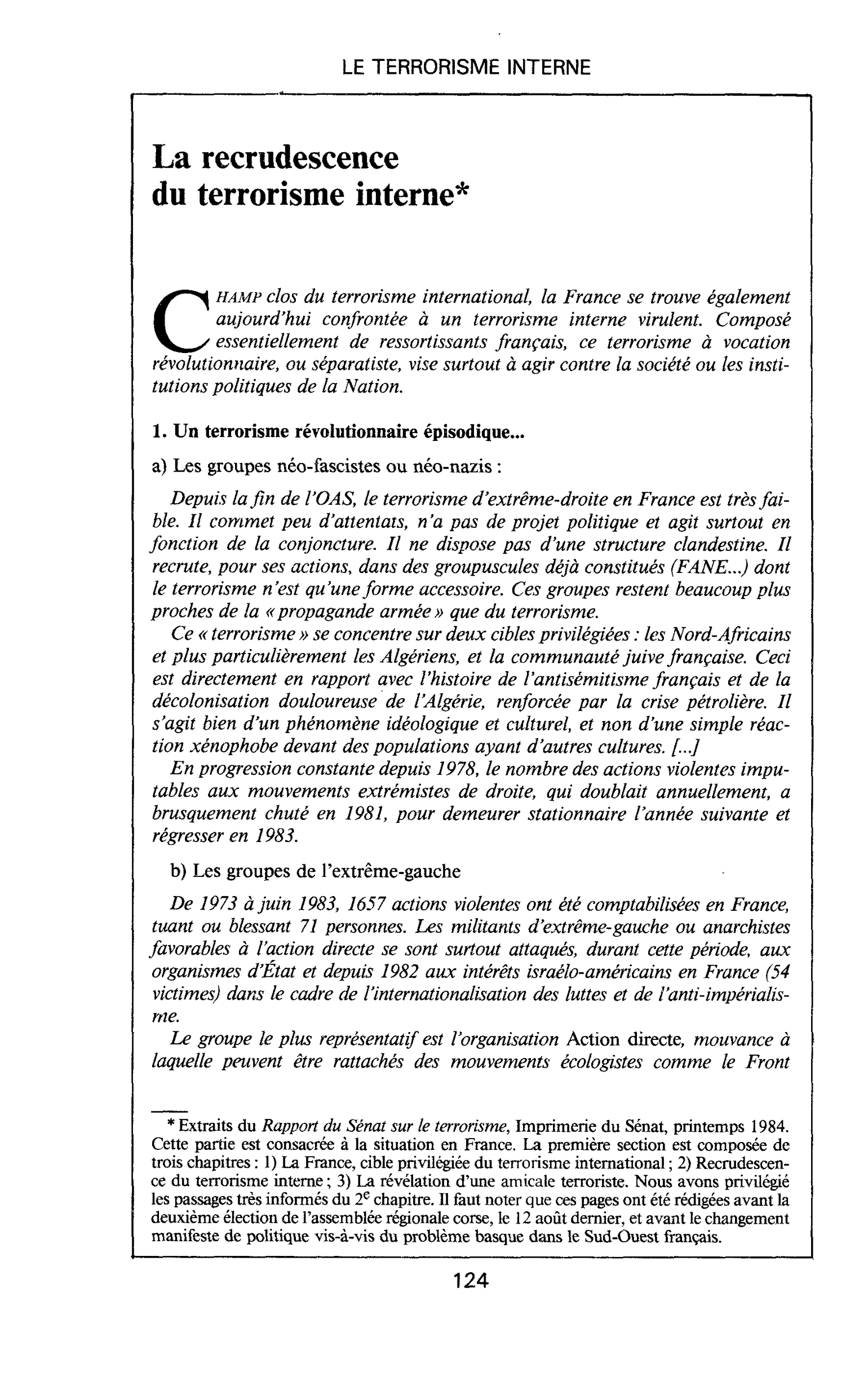 La recrudescence du terrorisme interne