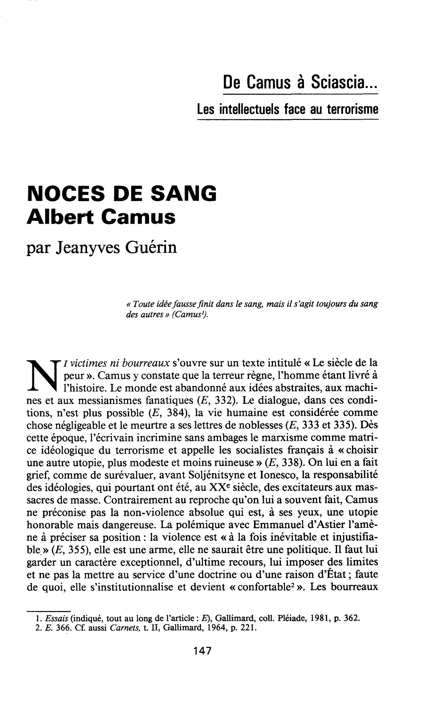 NOCES DE SANG. Albert Camus