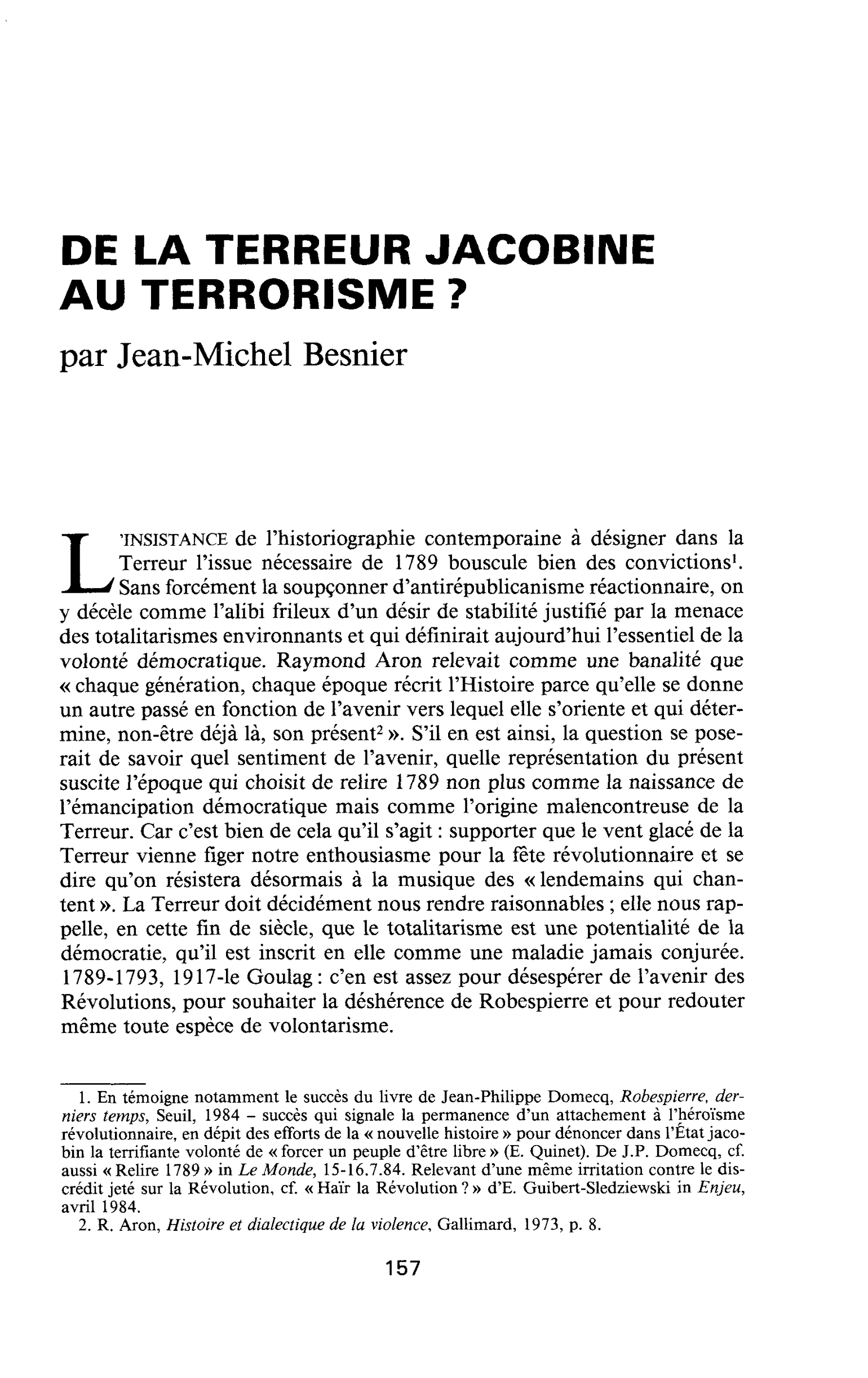 DE LA TERREUR JACOBINE AU TERRORISME ?