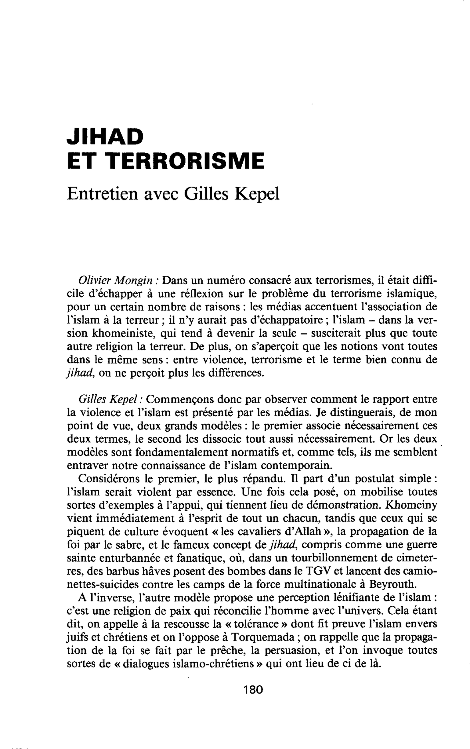 JIHAD ET TERRORISME. Entretien avec Gilles Kepel