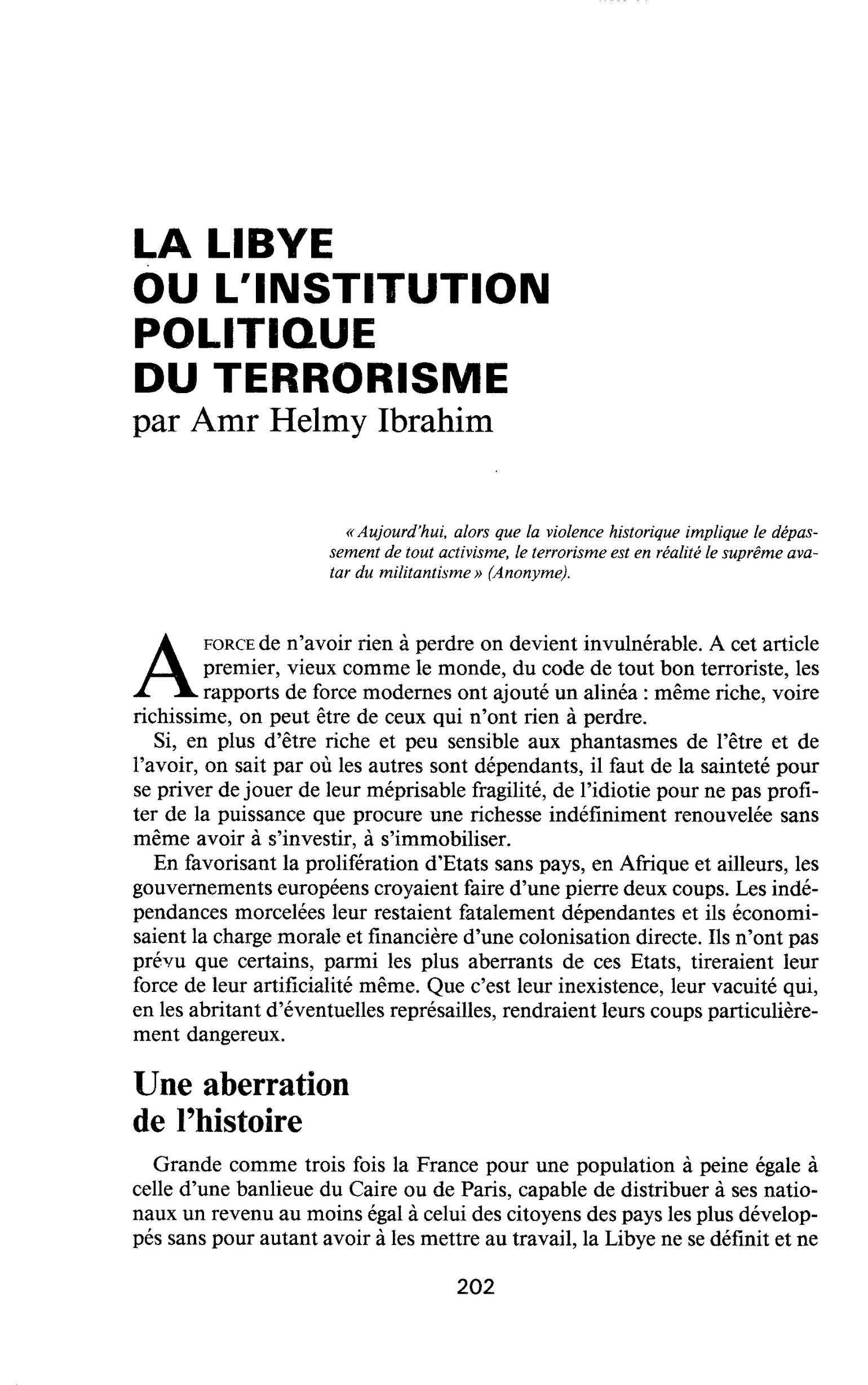 LA LIBYE OU L’INSTITUTION POLITIQUE DU TERRORISME