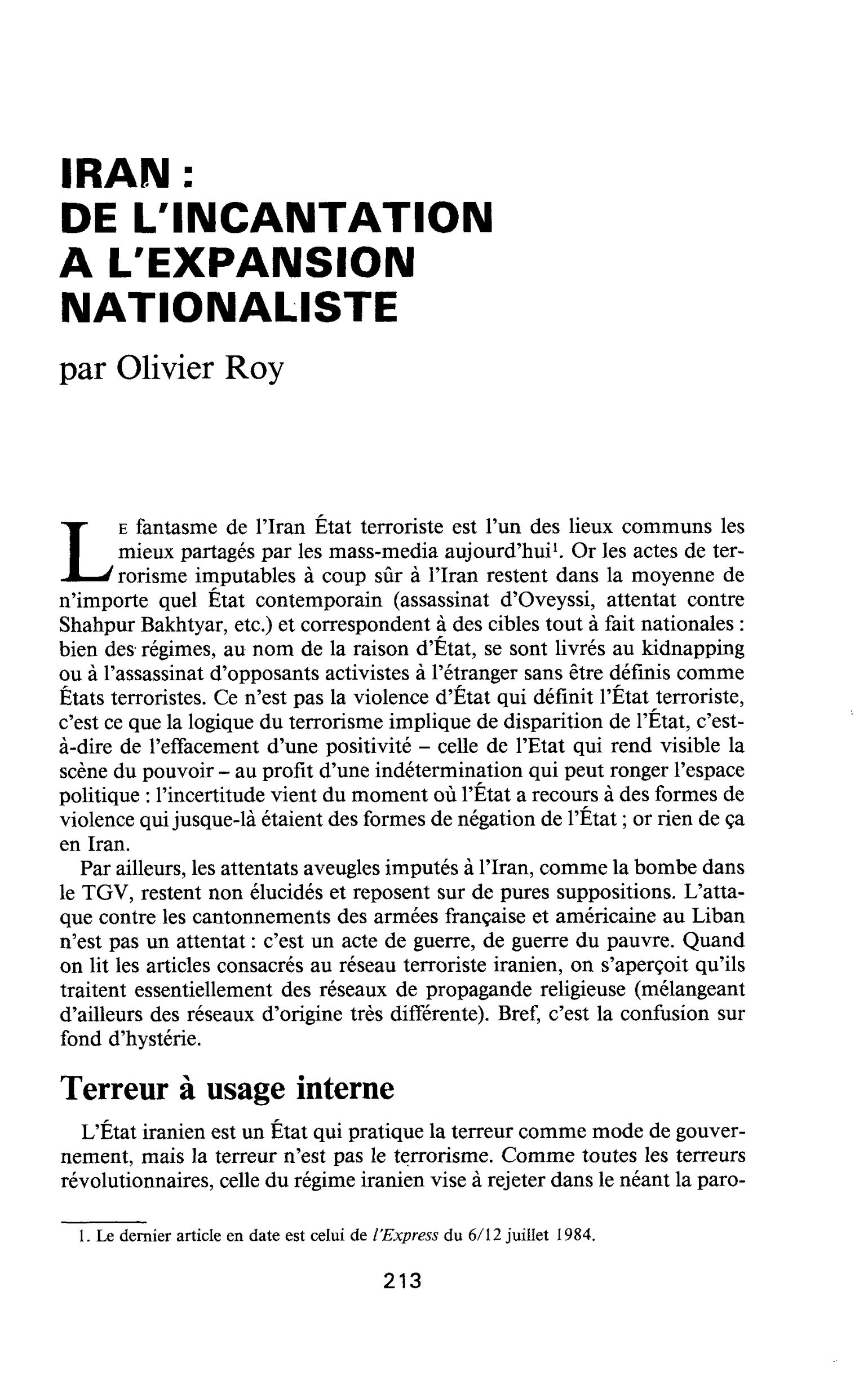 IRAN : DE L’INCANTATION A L’EXPANSION NATIONALISTE