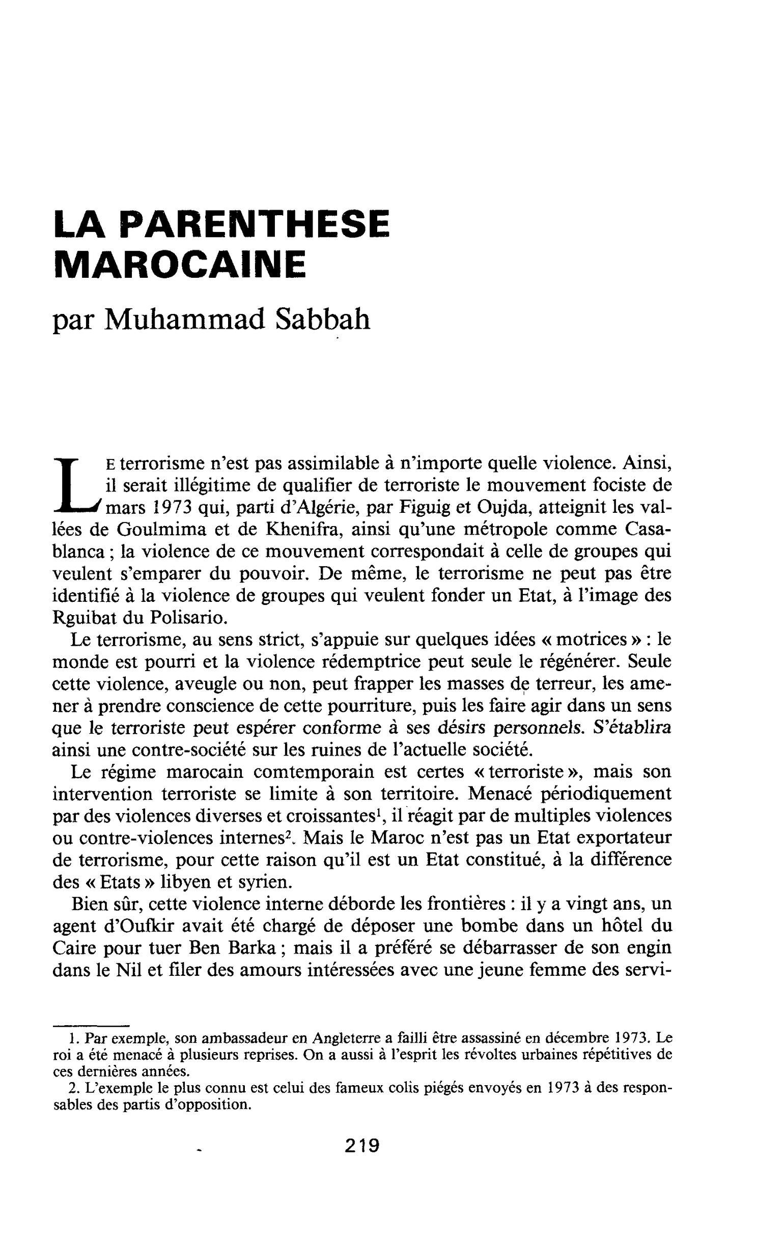 LA PARENTHESE MAROCAINE