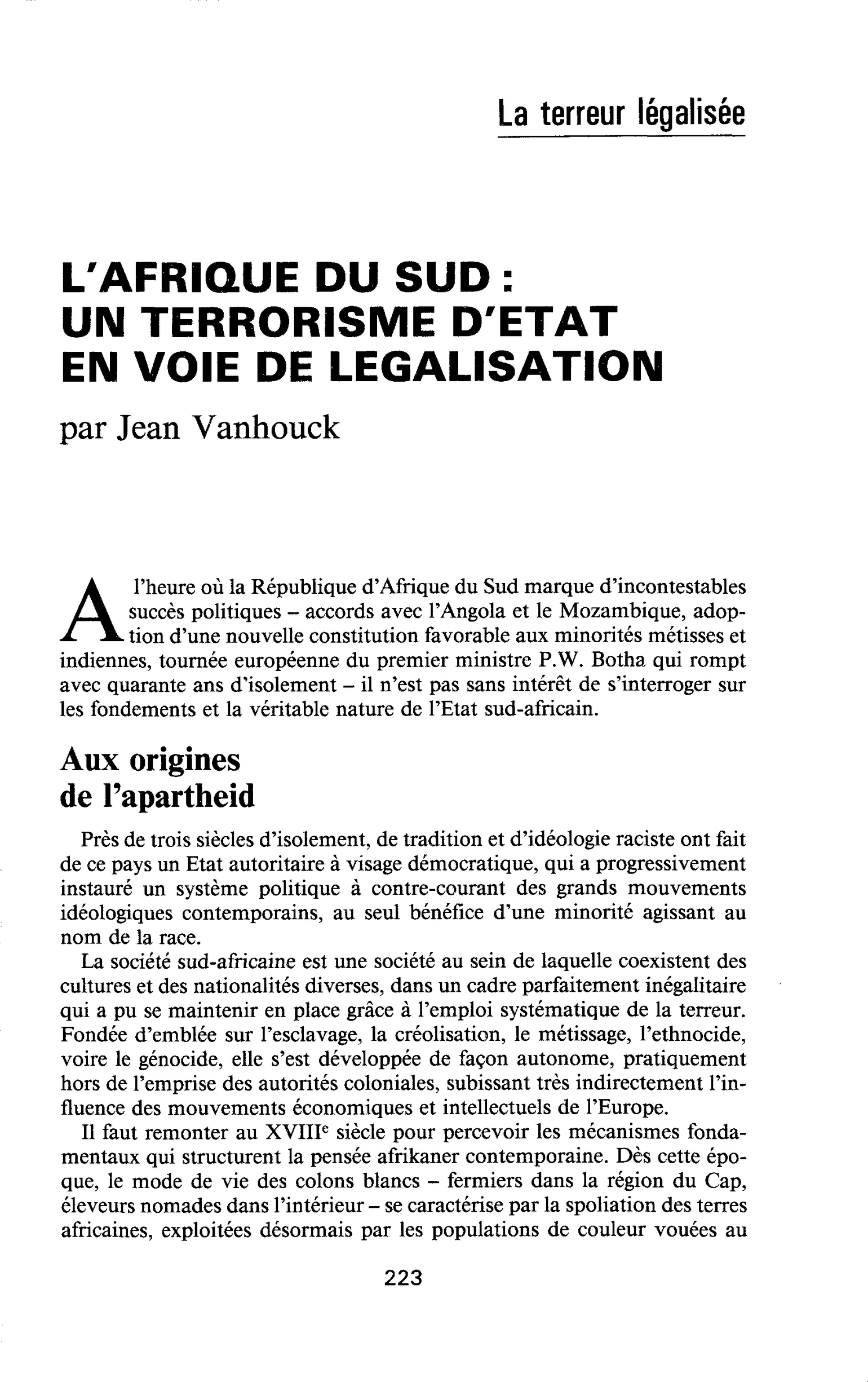 L’AFRIQUE DU SUD : UN TERRORISME D’ETAT EN VOIE DE LEGALISATION