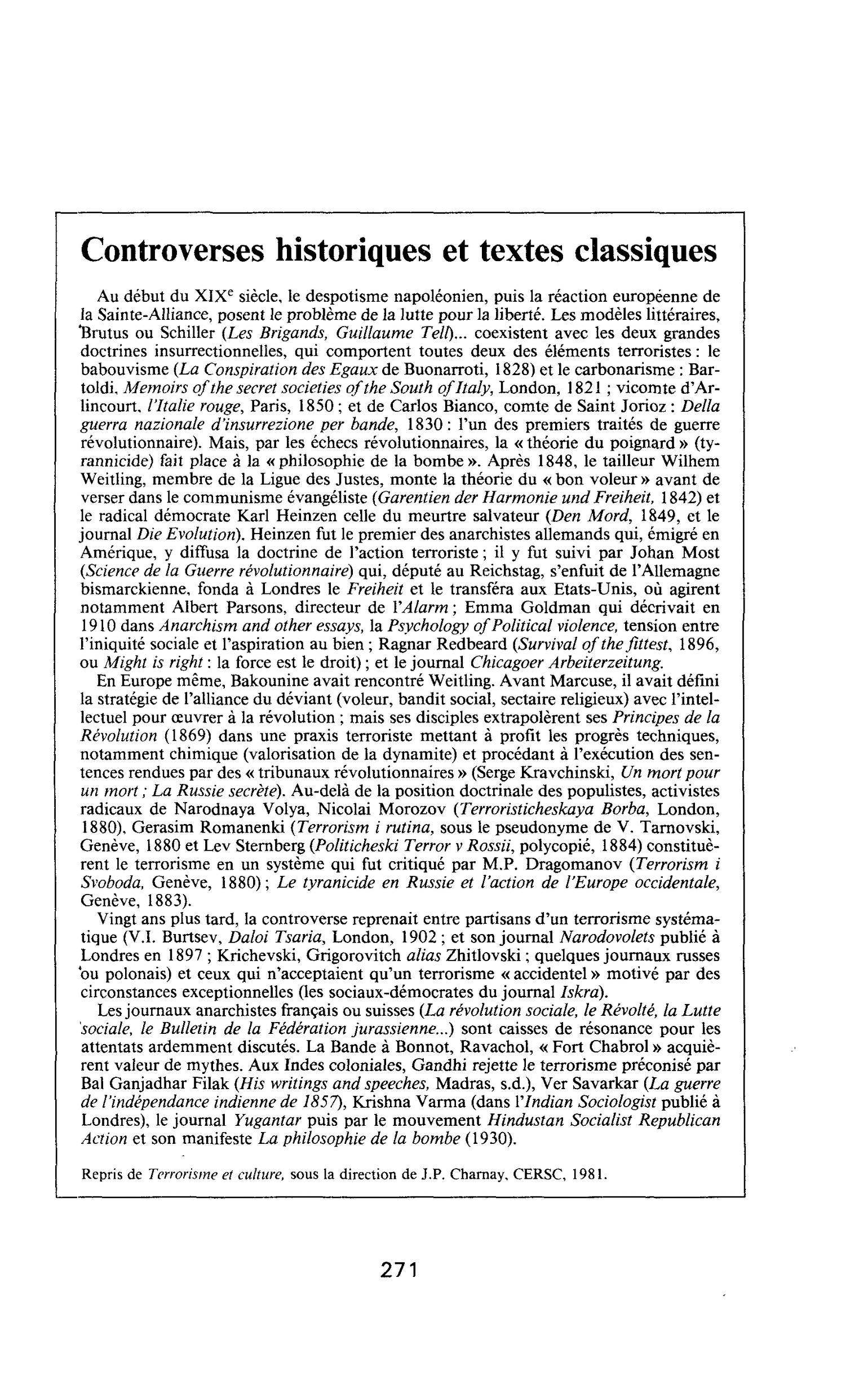 Controverses historiques et textes classiques