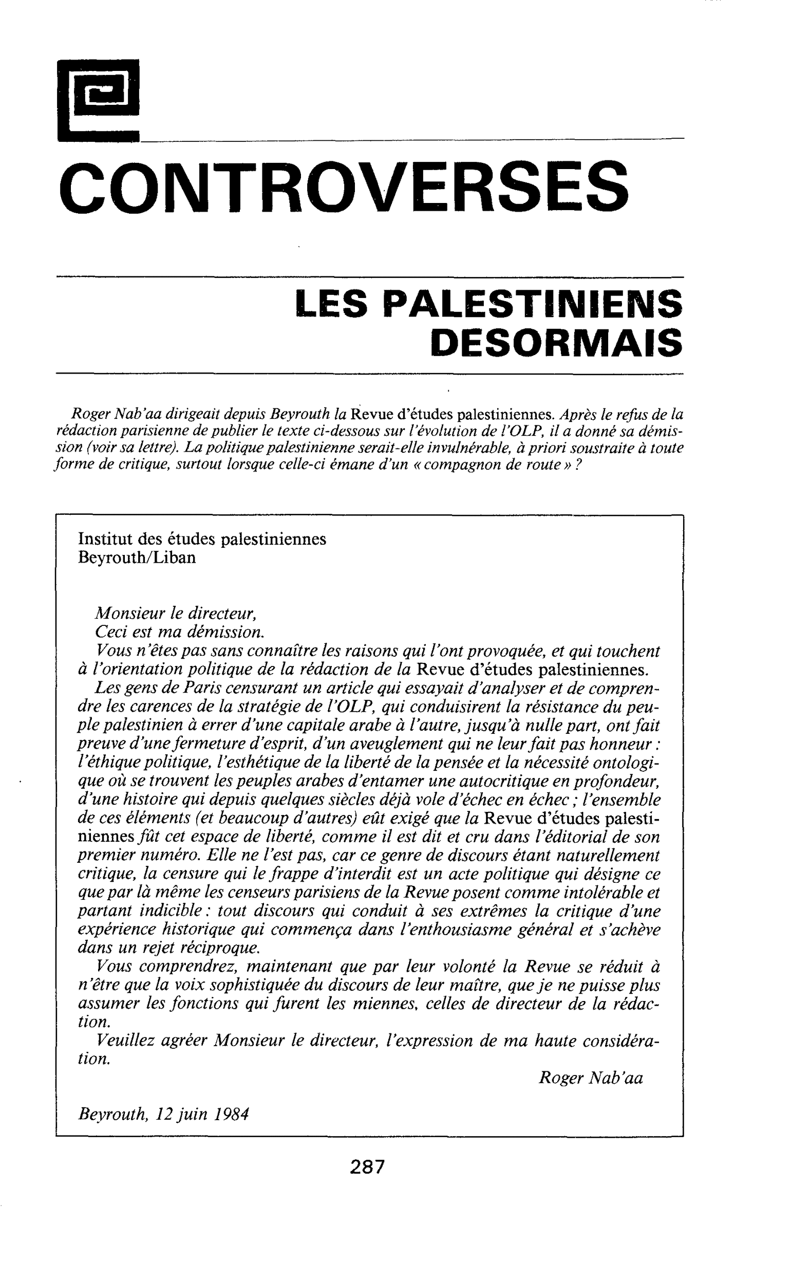 LES PALESTINIENS DESORMAIS