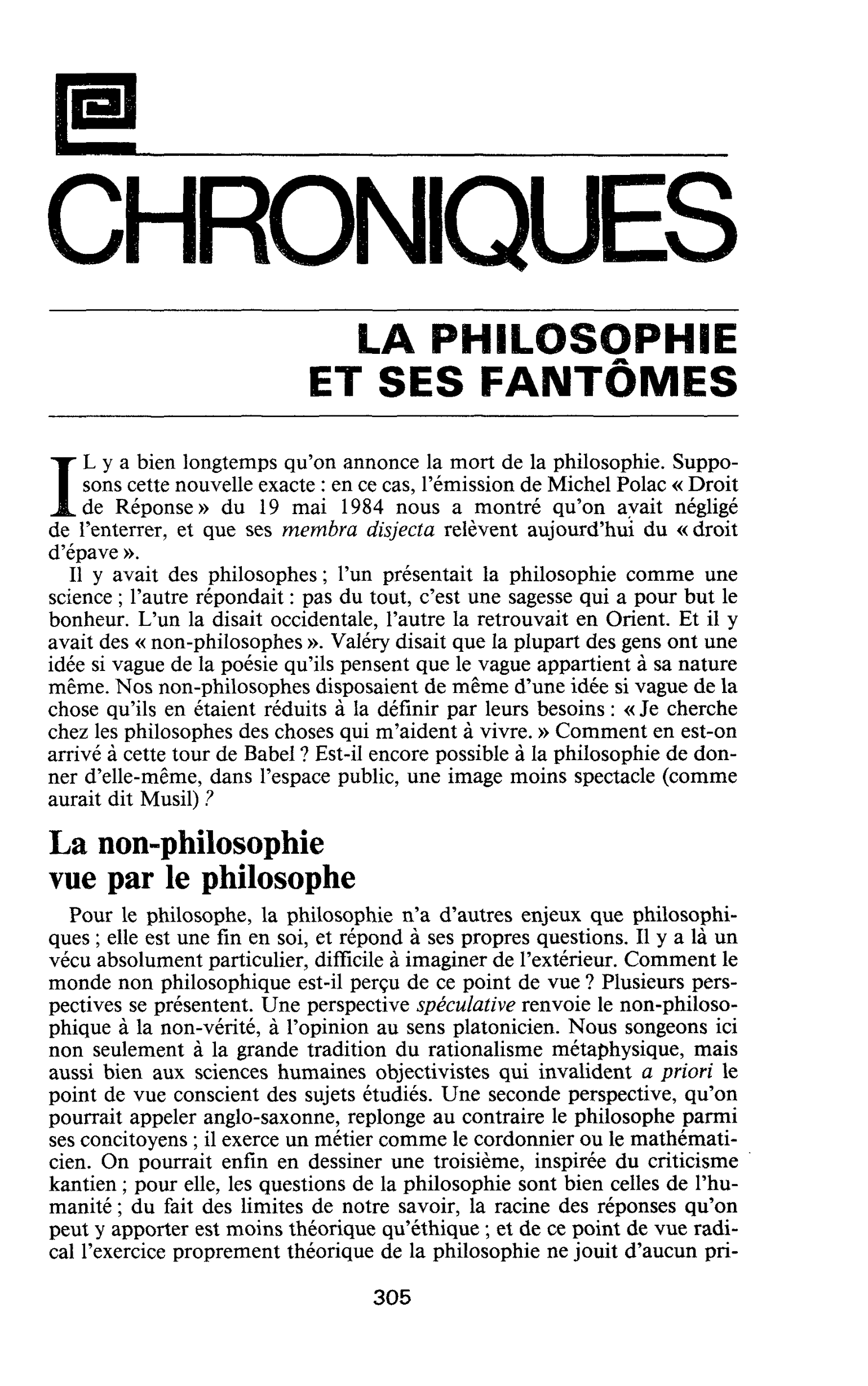 LA PHILOSOPHIE ET SES FANTÔMES