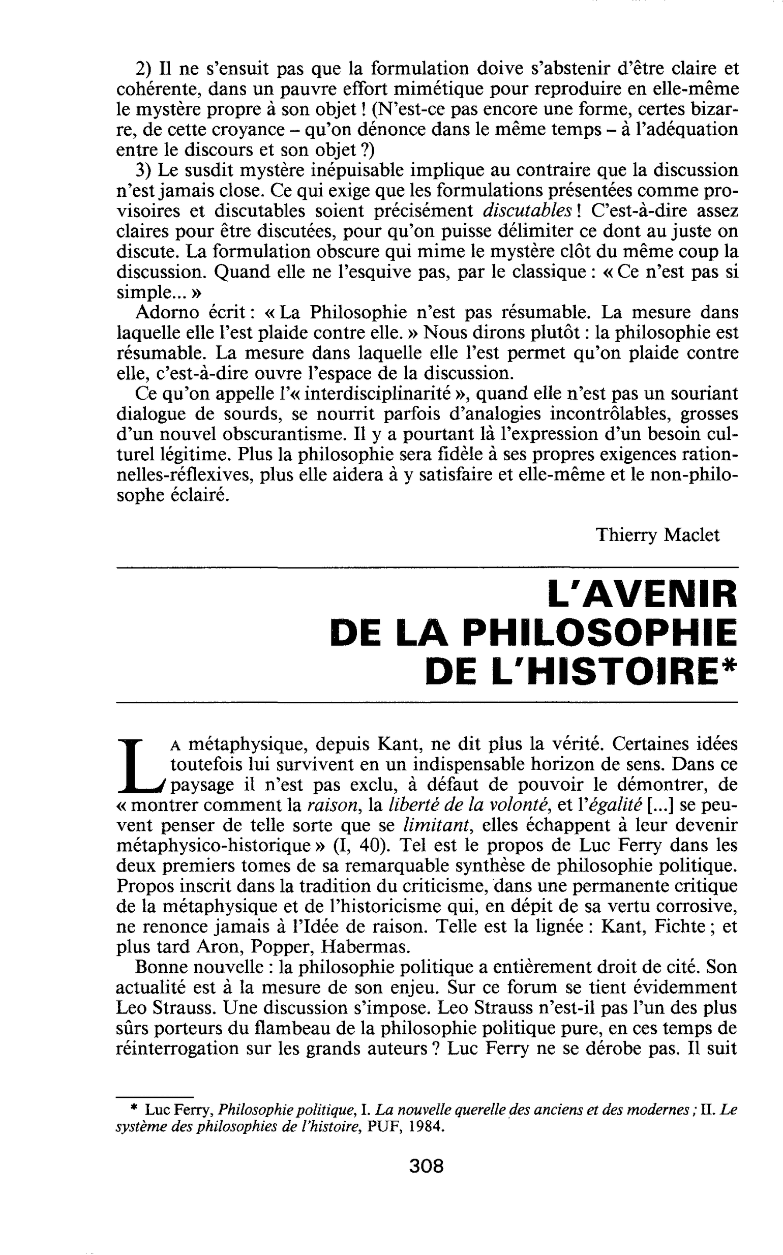 L’AVENIR DE LA PHILOSOPHIE DE L’HISTOIRE