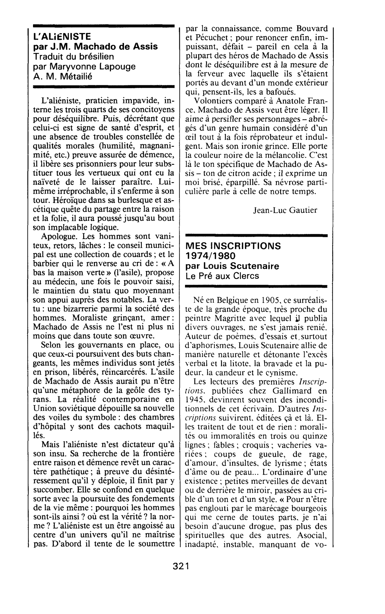 L’ALIÉNISTE par J.M. Machado de Assis