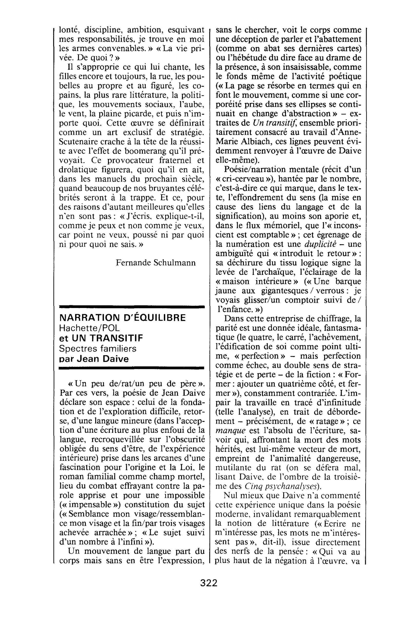 NARRATION D’ÉQUILIBRE et UN TRANSITIF. Spectres familiers par Jean Daive