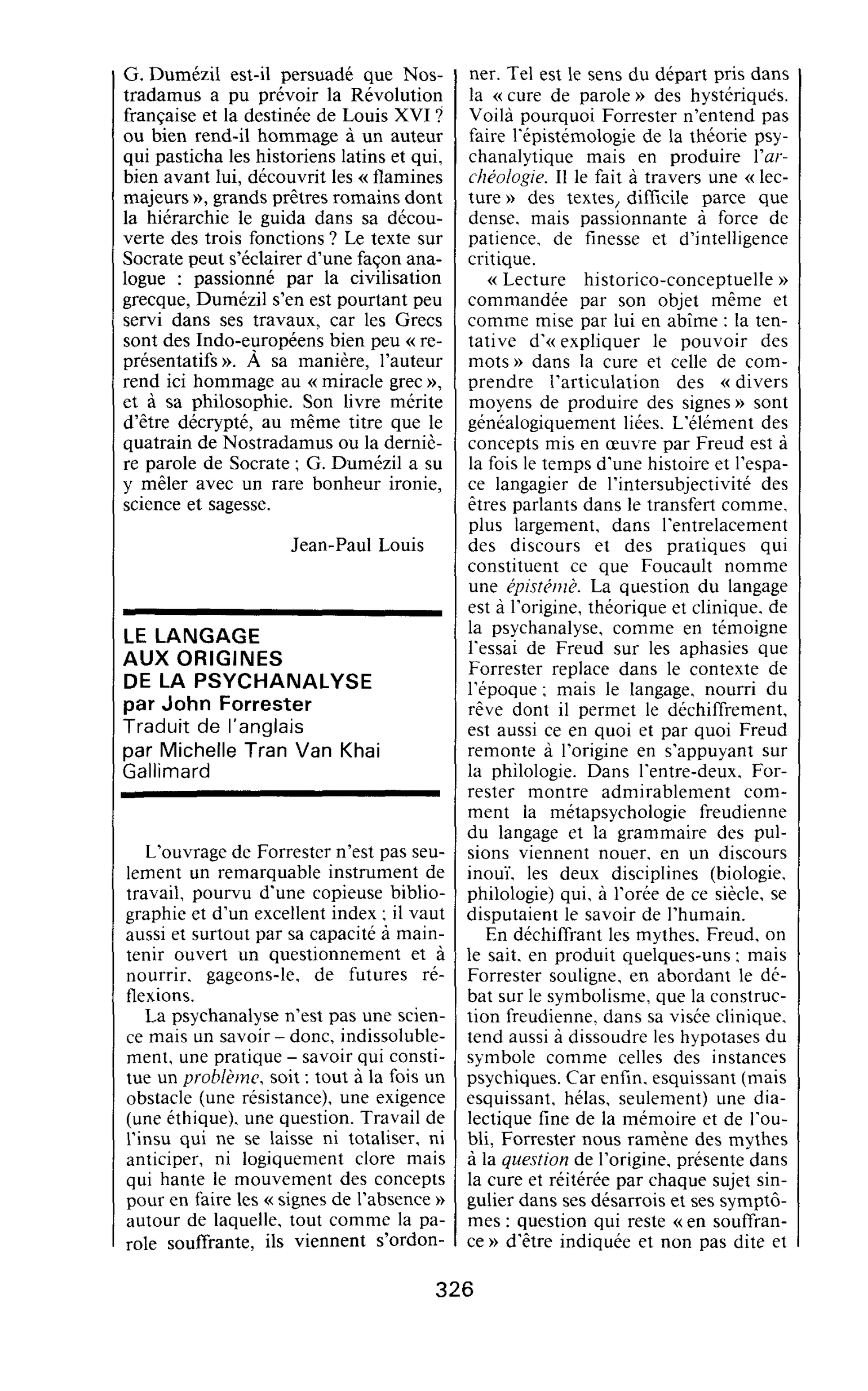 LE LANGAGE AUX ORIGINES DE LA PSYCHANALYSE par John Forrester