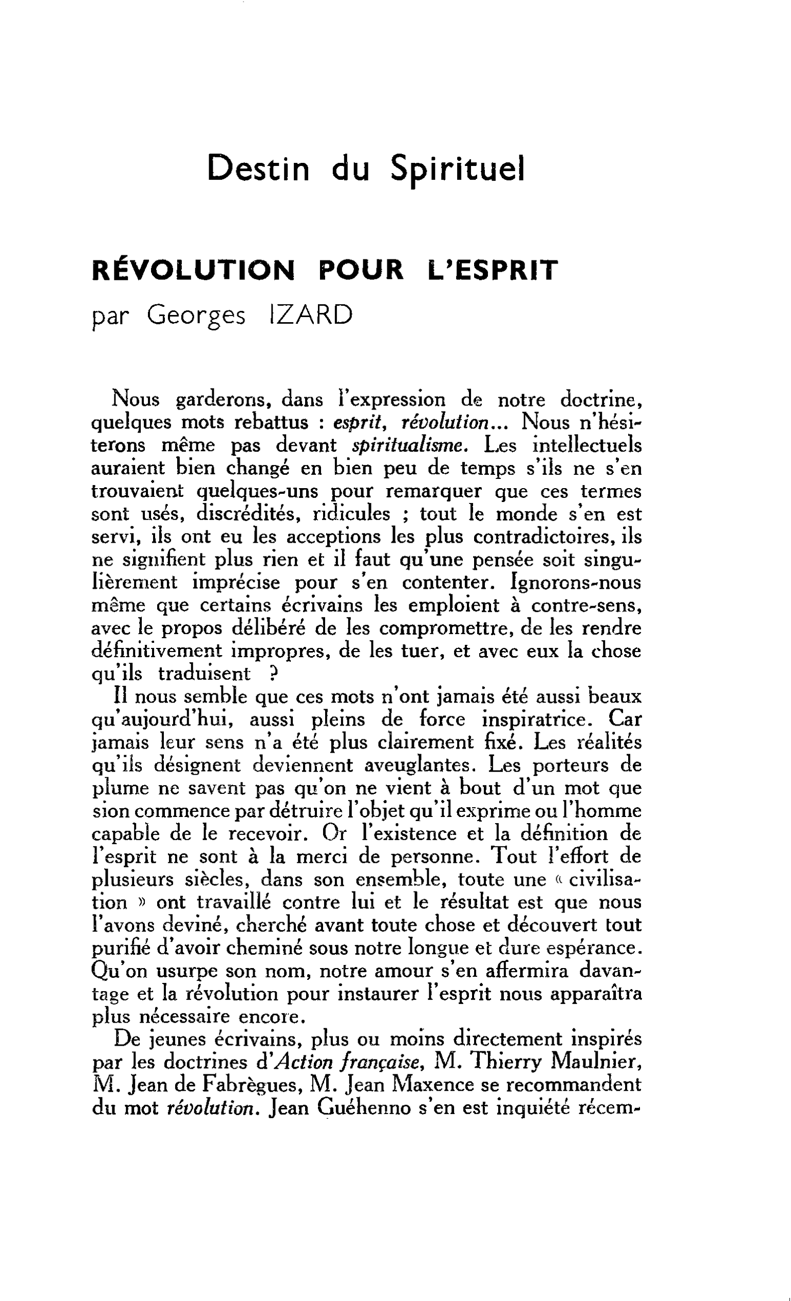 Destin du Spirituel. RÉVOLUTION POUR L’ESPRIT