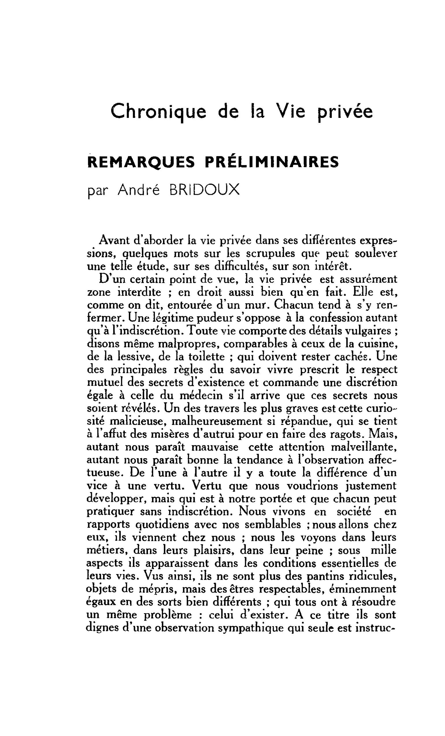 Chronique de la Vie privée. REMARQUES PRÉLIMINAIRES