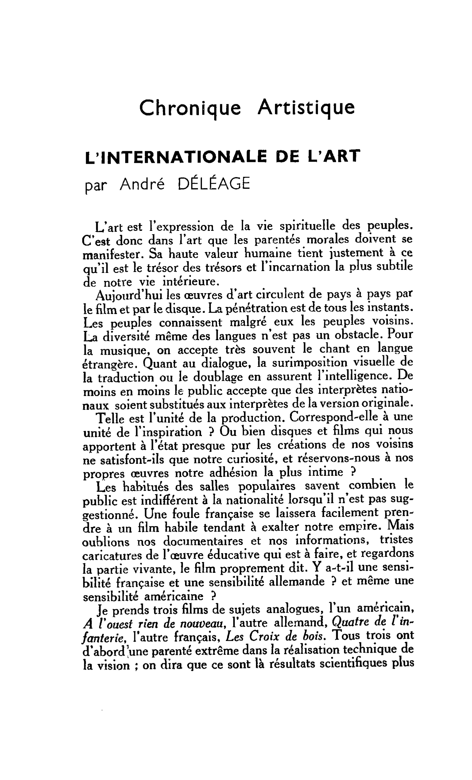 Chronique Artistique. L’INTERNATIONALE DE L’ART