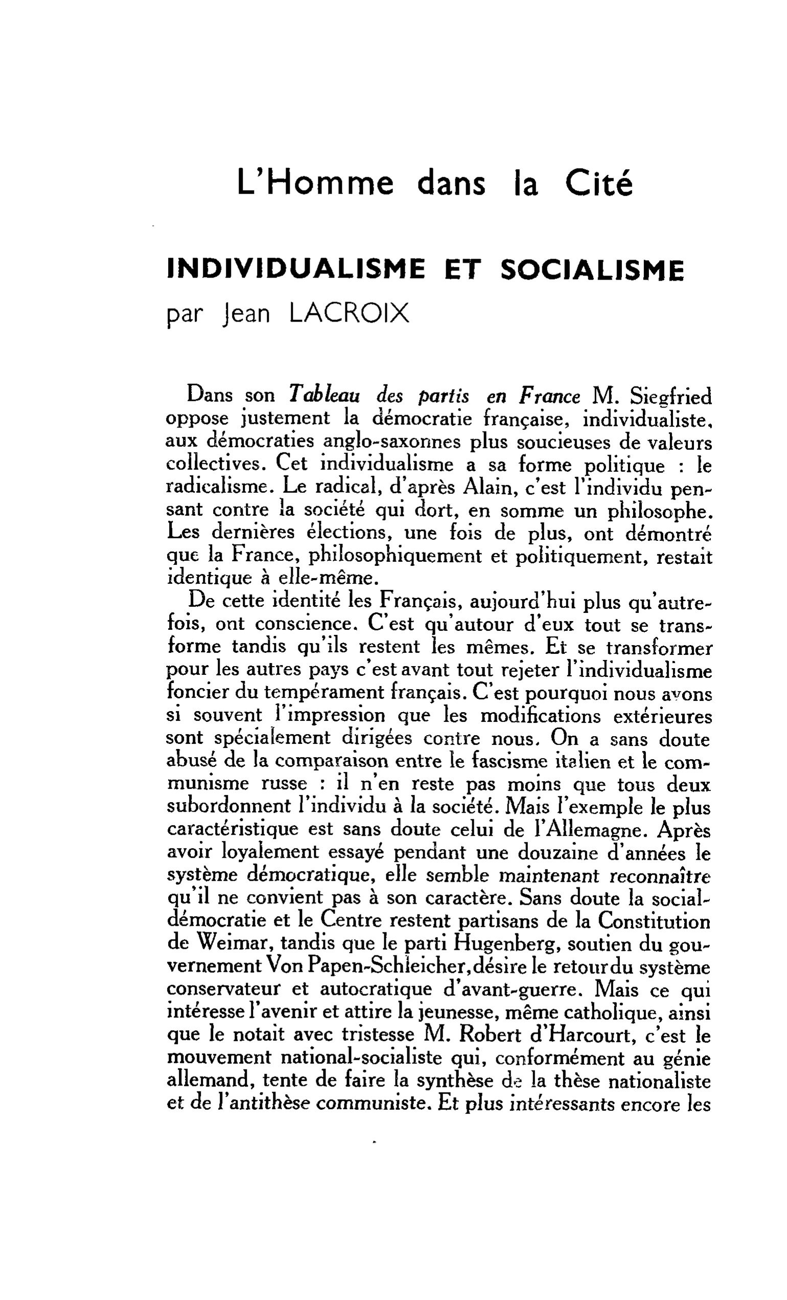 L’Homme dans la Cité. Individualisme et Socialisme