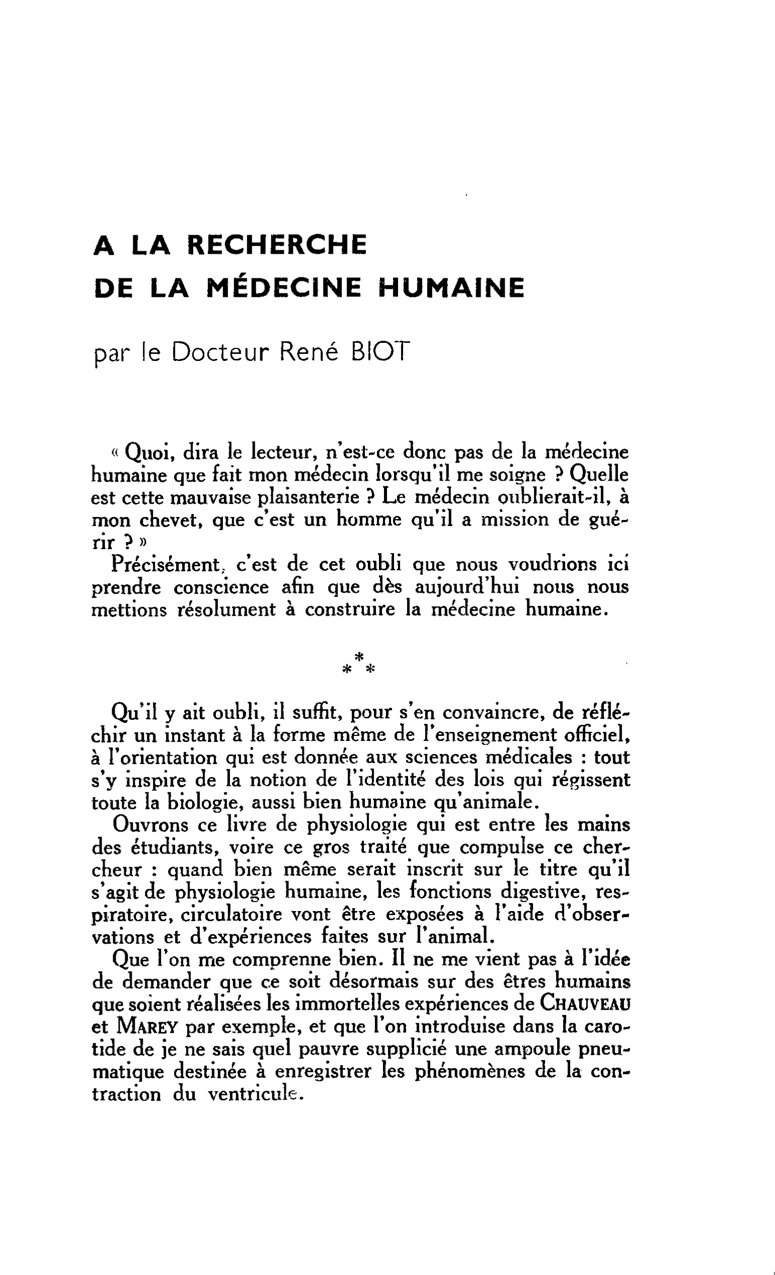 A LA RECHERCHE DE LA MÉDECINE HUMAINE